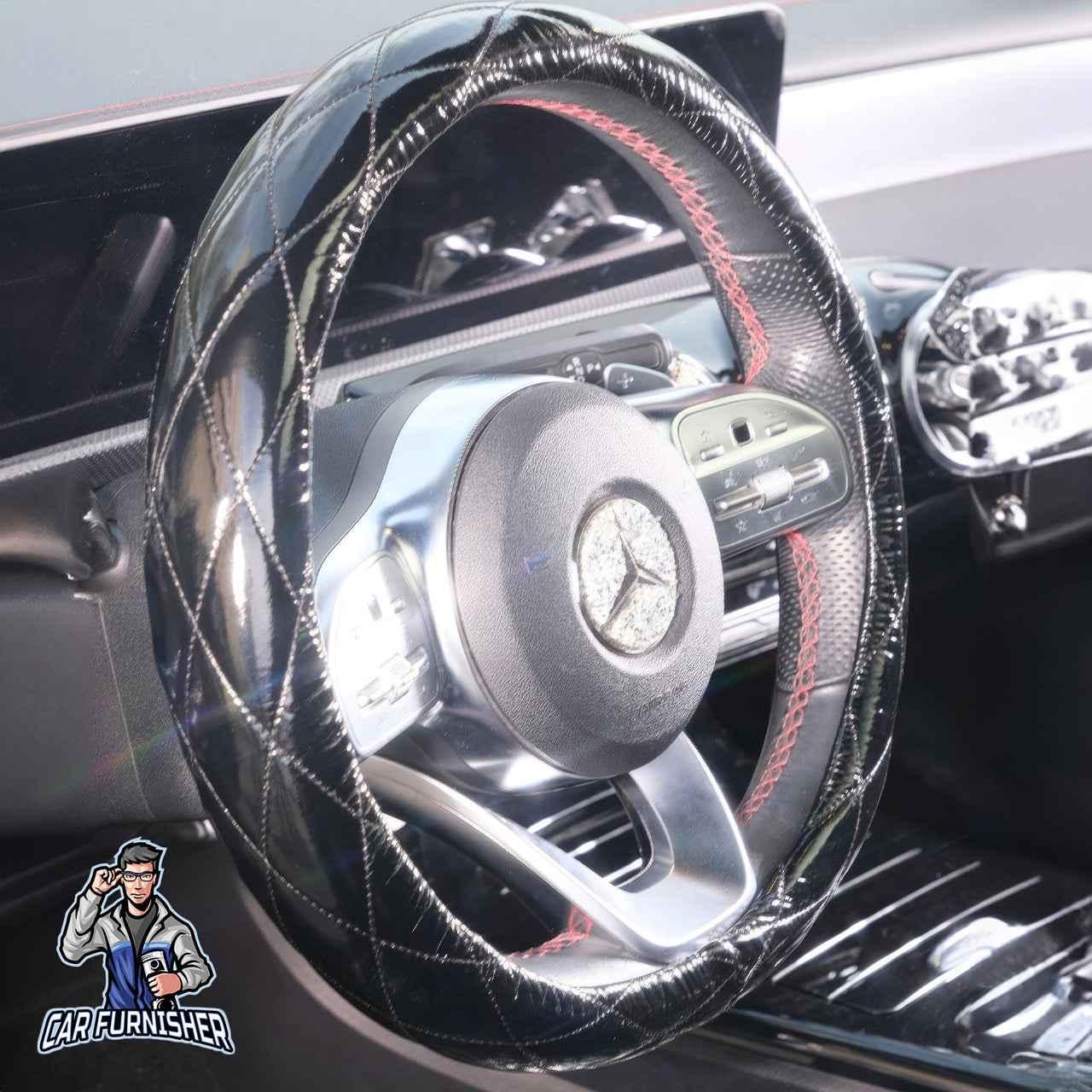 Steering Wheel Cover - Patent Leather Quilted Black Leather