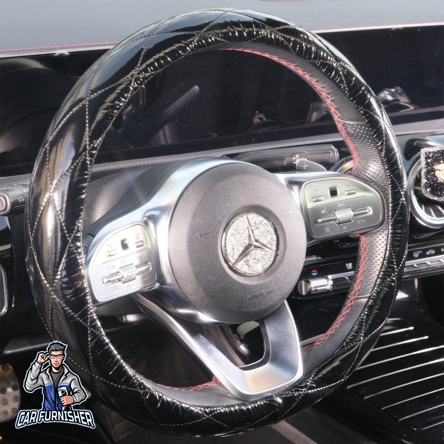 Steering Wheel Cover - Patent Leather Quilted Black Leather