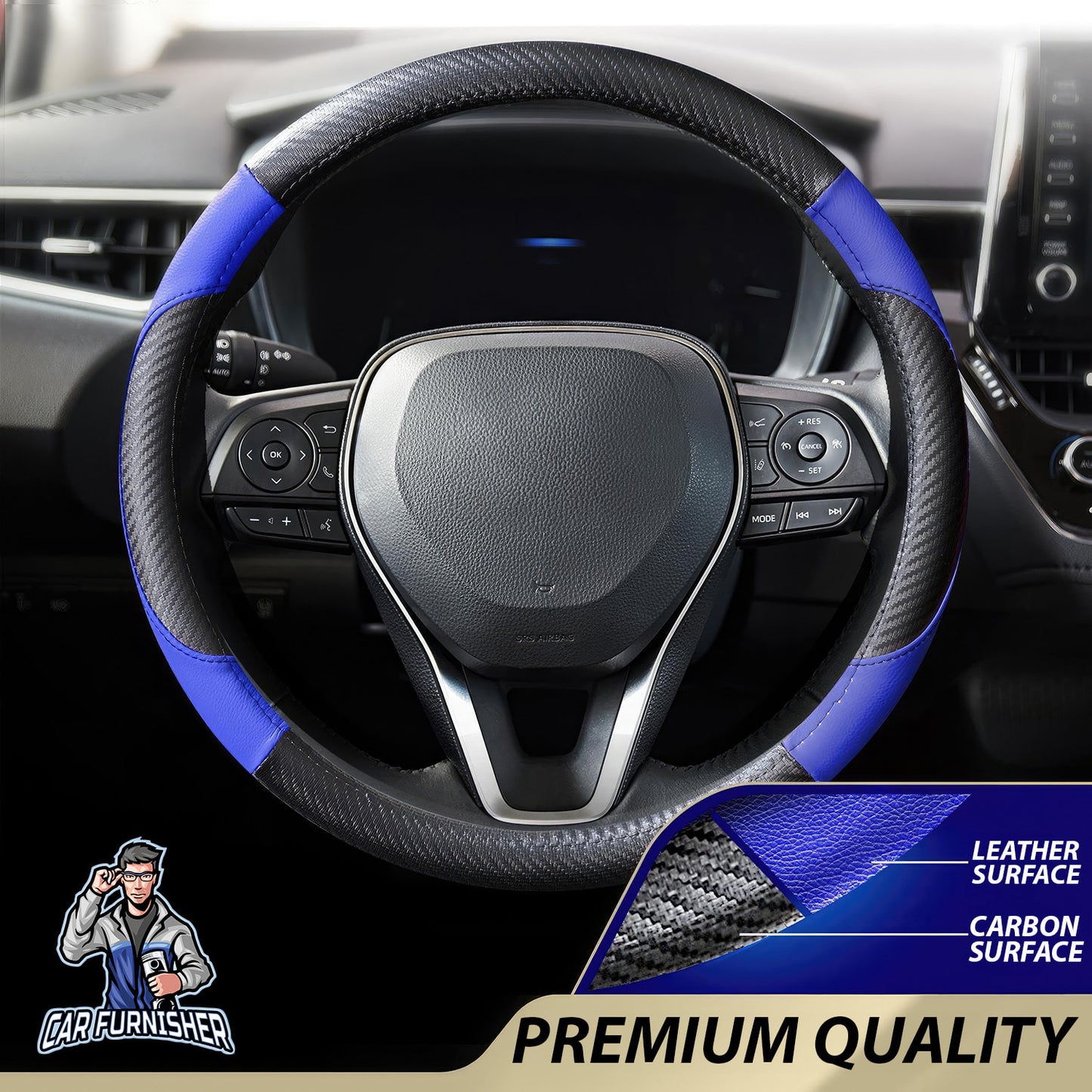 Steering Wheel Cover - Leather & Carbon Blue Leather & Carbonfiber