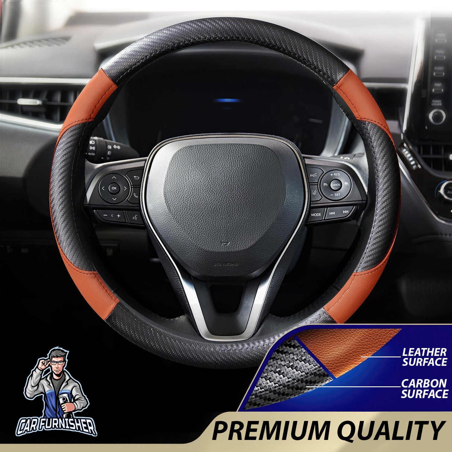 Steering Wheel Cover - Leather & Carbon Brown Leather & Carbonfiber