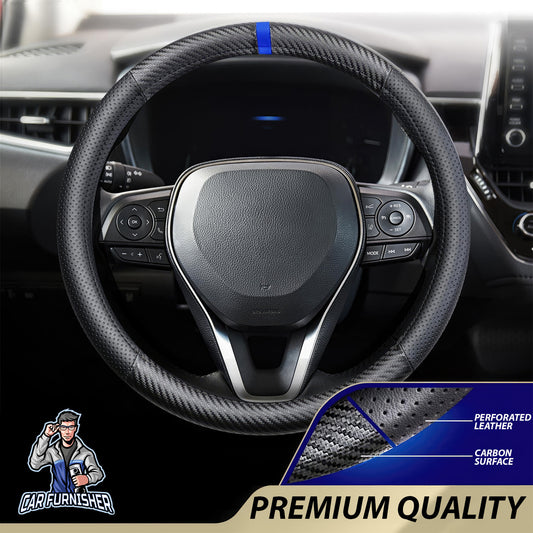 Steering Wheel Cover - Carbon and Perforated Leather With Ring Blue Leather & Carbonfiber
