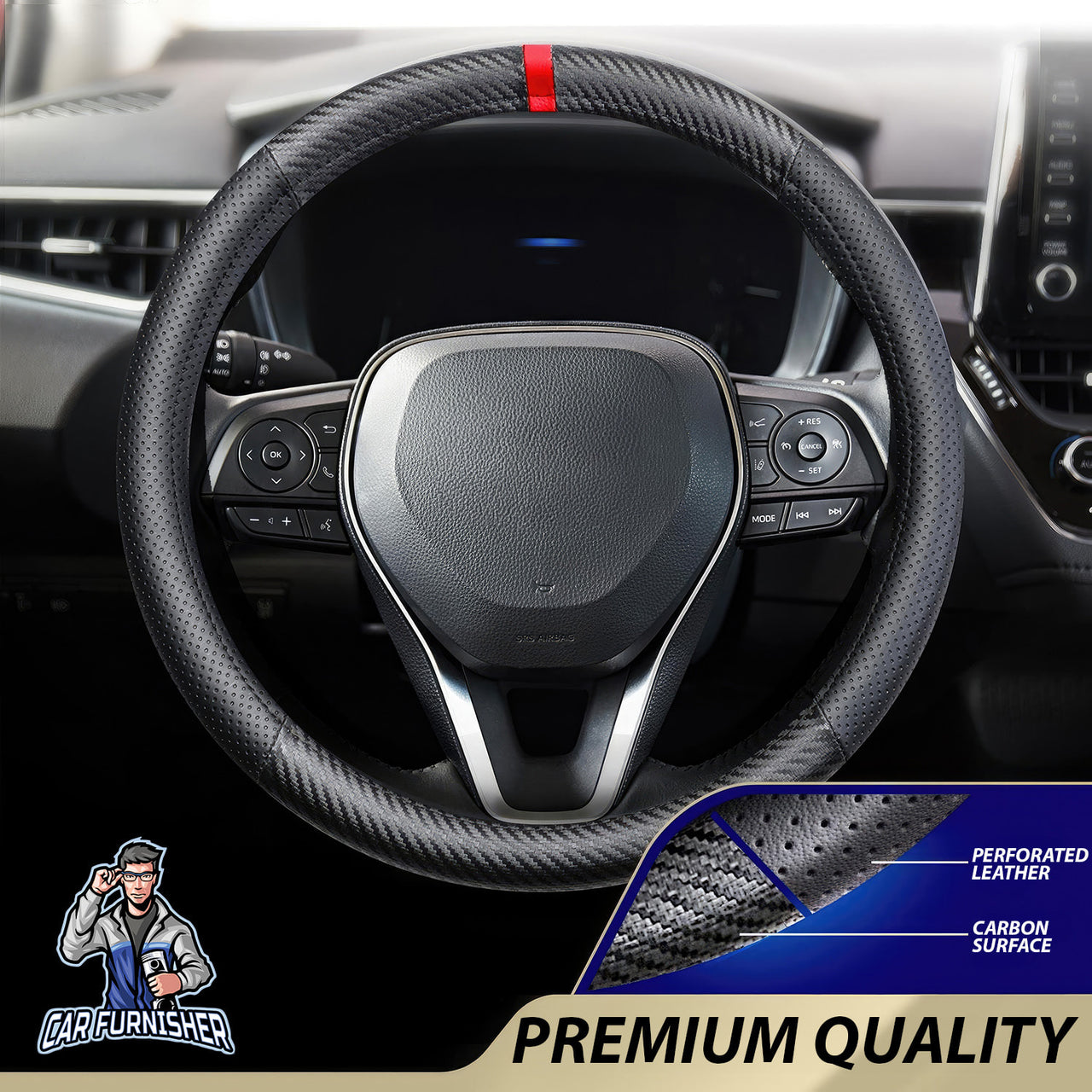 Steering Wheel Cover - Carbon and Perforated Leather With Ring Red Leather & Carbonfiber
