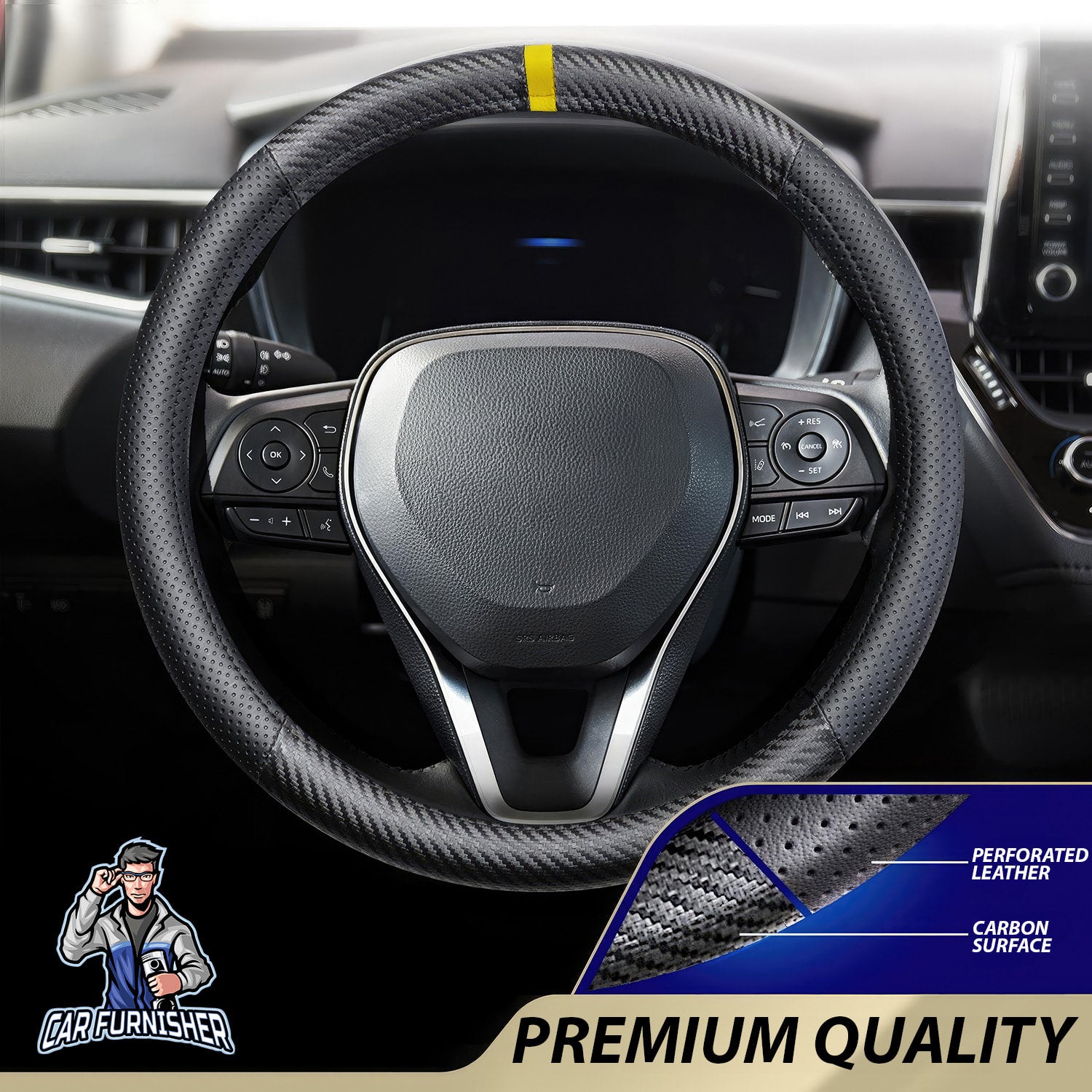 Steering Wheel Cover - Carbon and Perforated Leather With Ring Yellow Leather & Carbonfiber