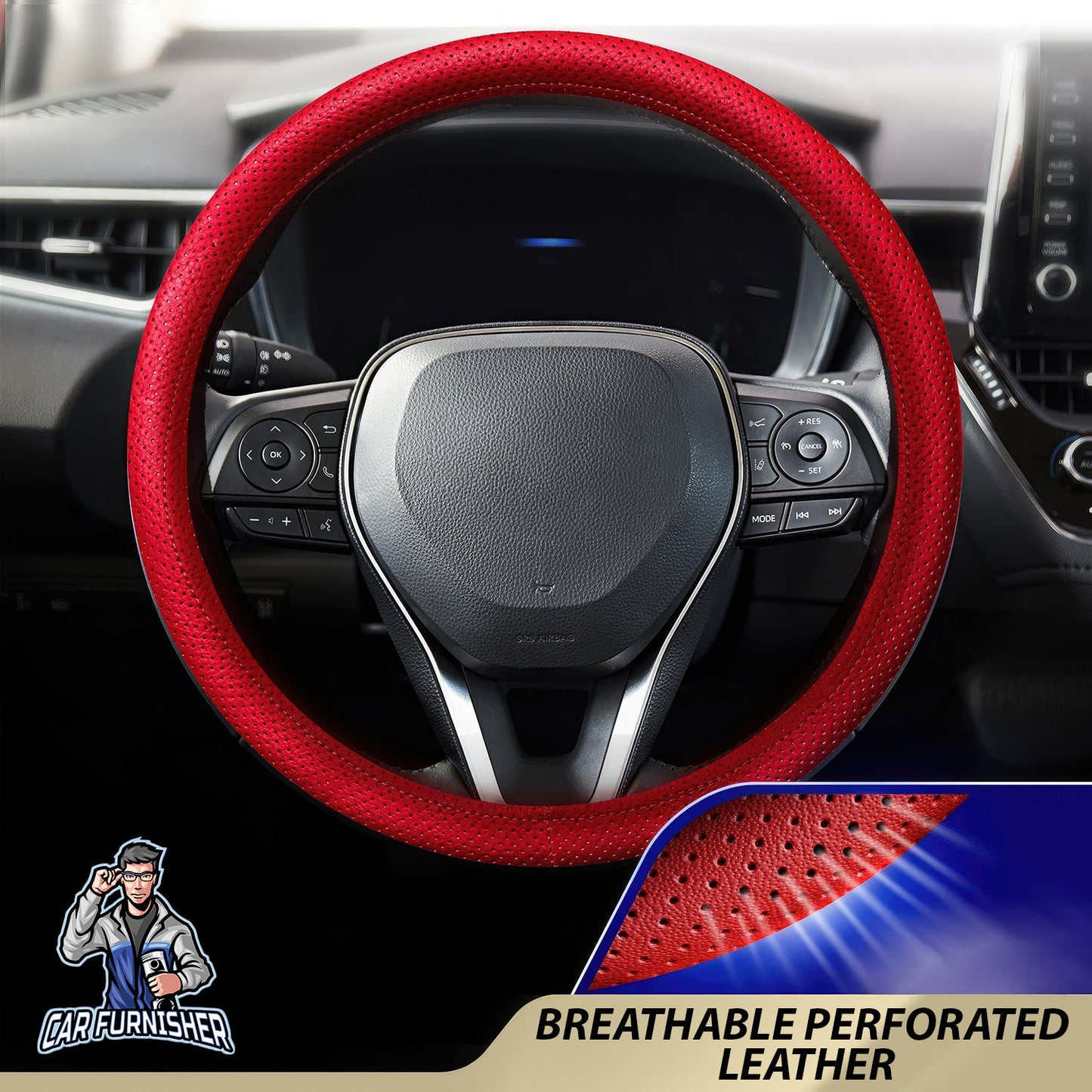 Steering Wheel Cover - Perforated Leather Red Leather