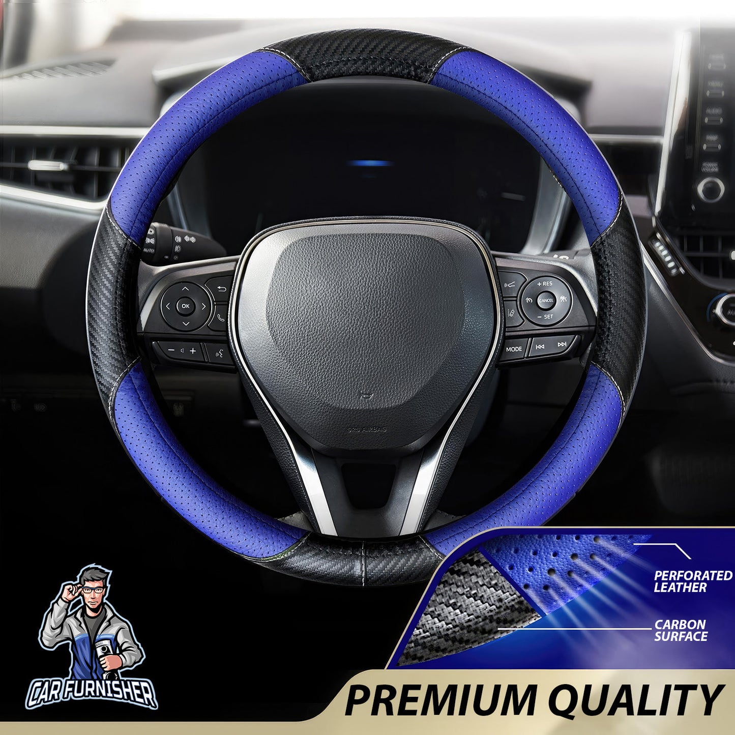 Steering Wheel Cover - Perforated Leather & Carbon Blue Leather & Carbonfiber