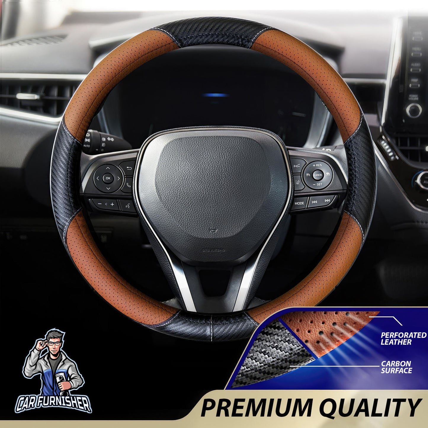 Steering Wheel Cover - Perforated Leather & Carbon Brown Leather & Carbonfiber