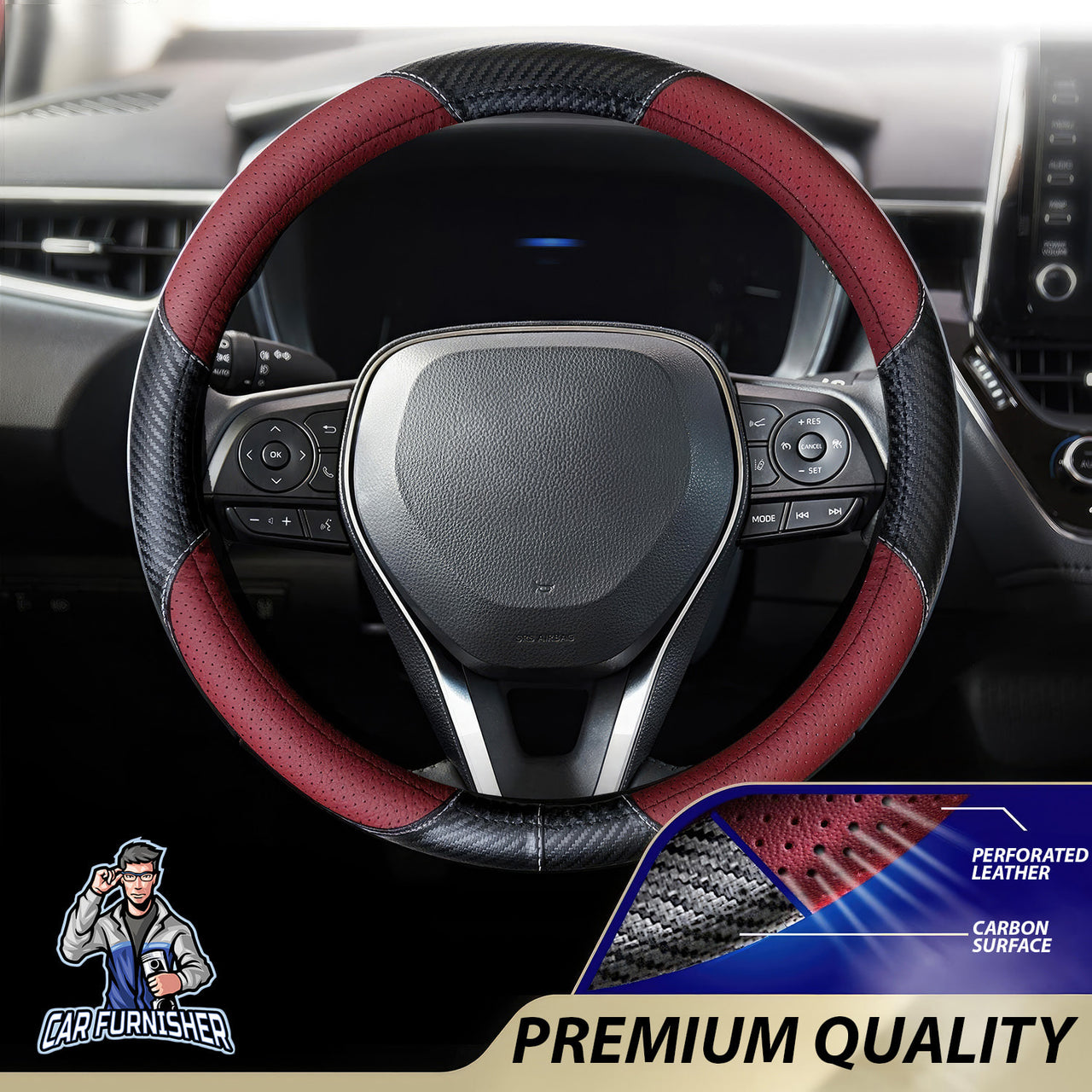 Steering Wheel Cover - Perforated Leather & Carbon Burgundy Leather & Carbonfiber