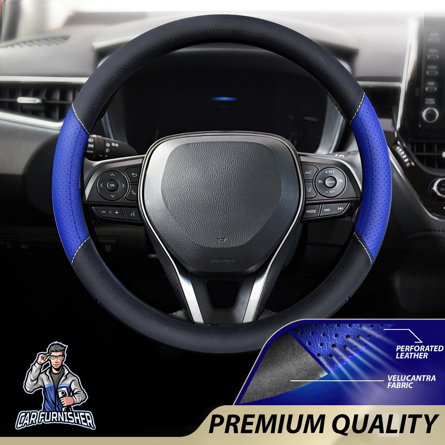 Steering Wheel Cover - Perforated Leather & Velour Fabric Blue Leather & Fabric