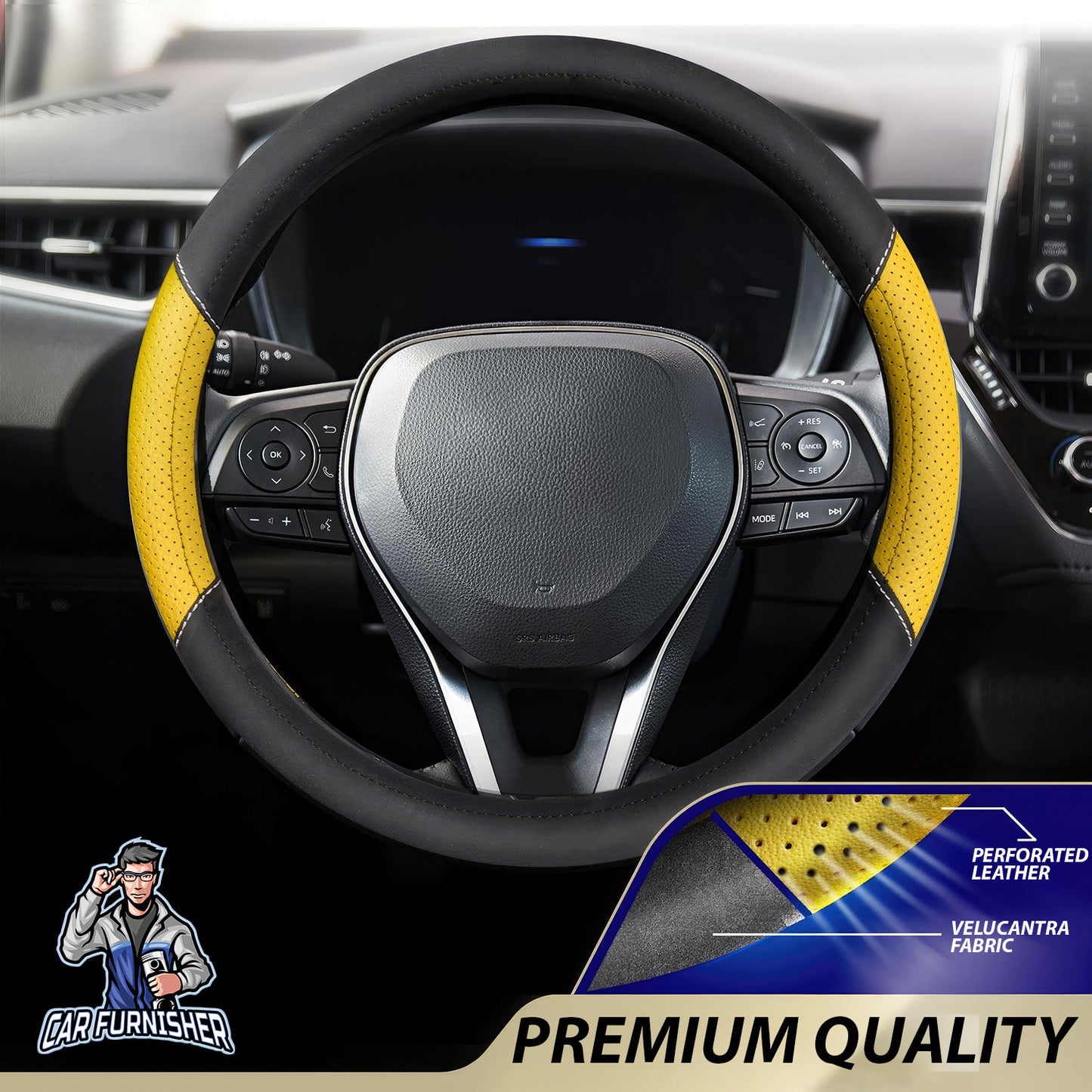 Steering Wheel Cover - Perforated Leather & Velour Fabric Yellow Leather & Fabric