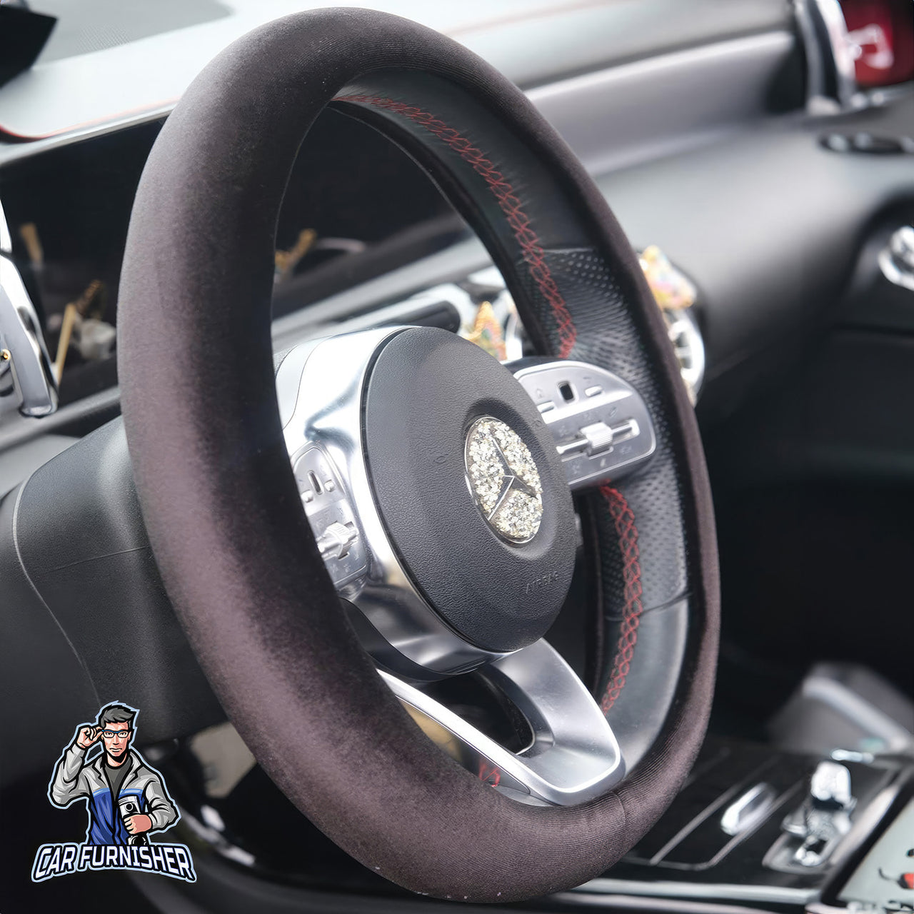 Steering Wheel Cover - Plain Velvet Black Fabric