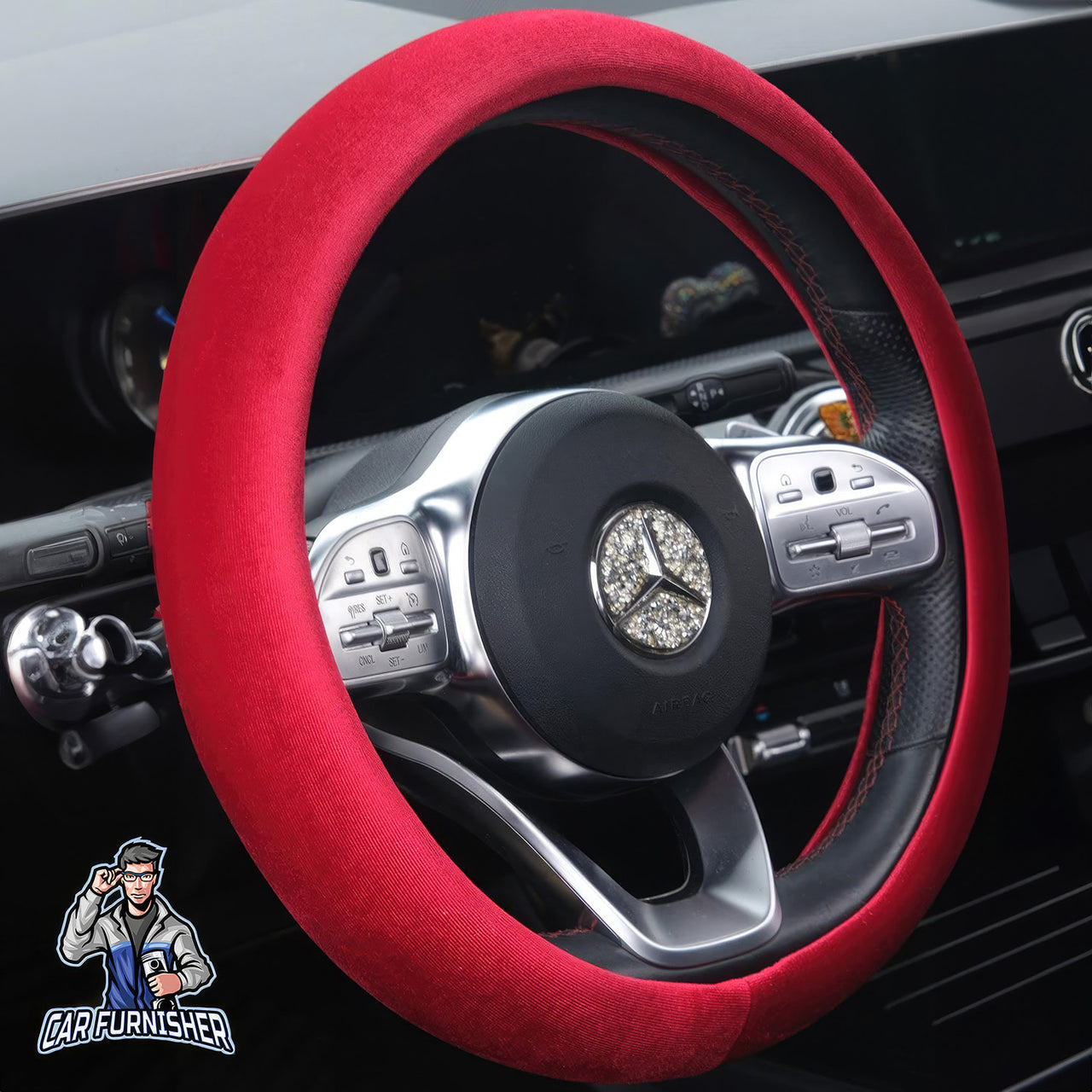 Steering Wheel Cover - Plain Velvet Red Fabric