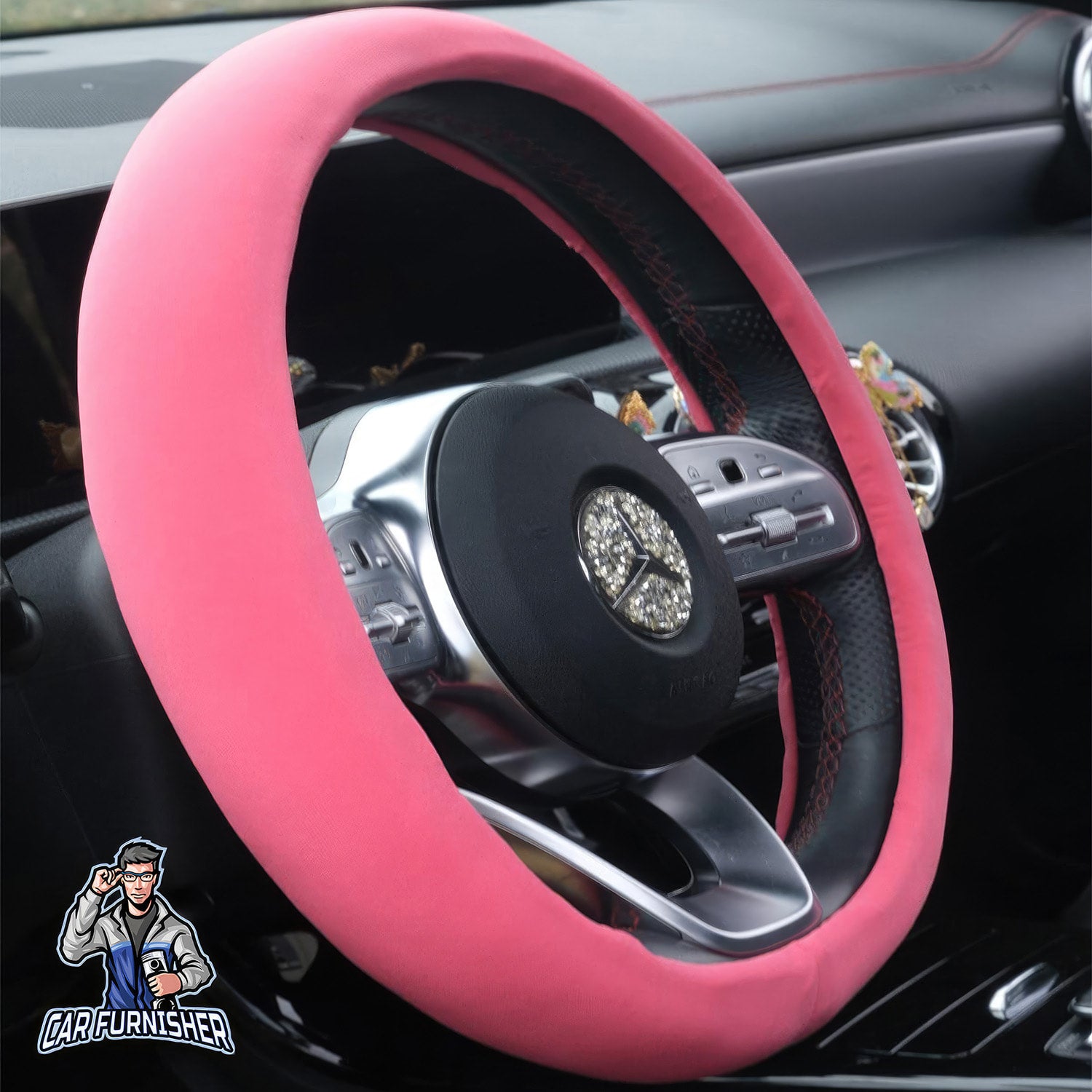 Steering Wheel Cover - Silk Velvet Pink Fabric