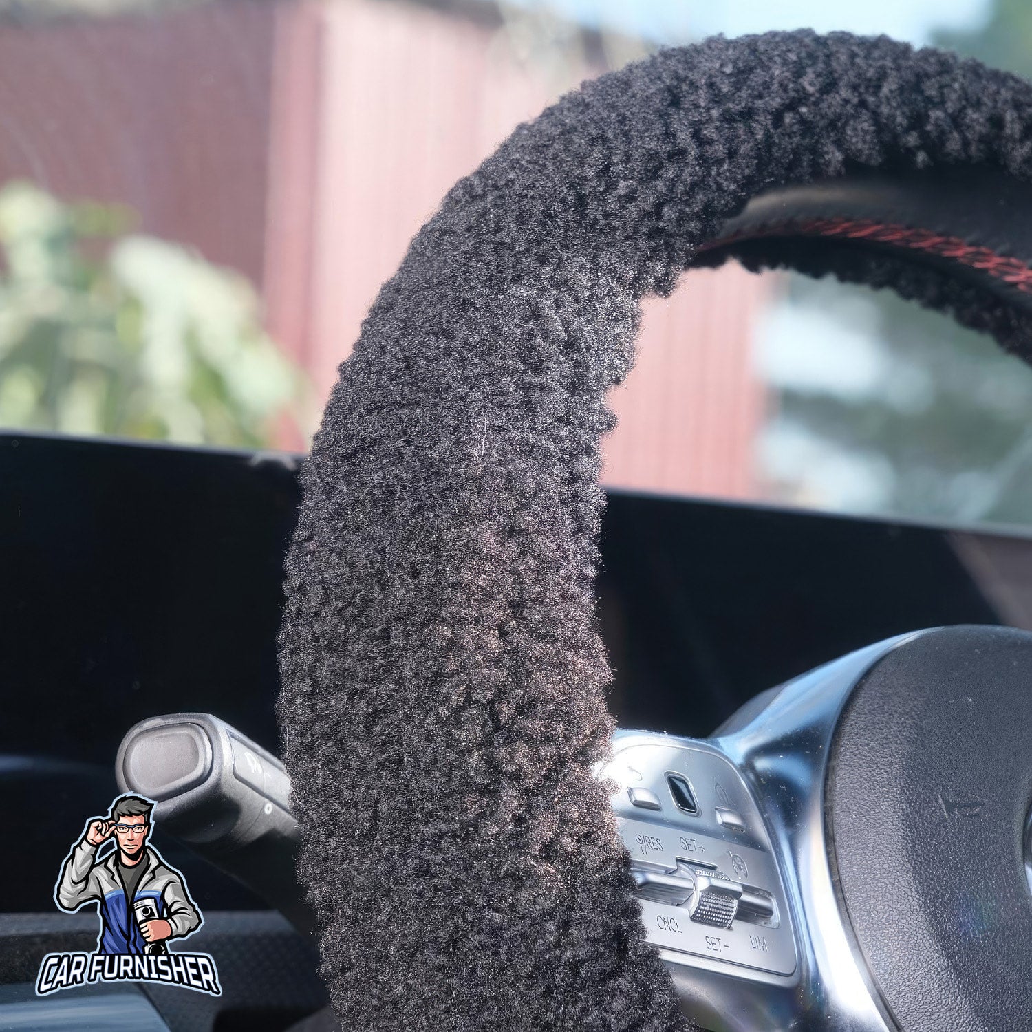 Steering Wheel Cover - Plush Teddy Texture Black Fabric