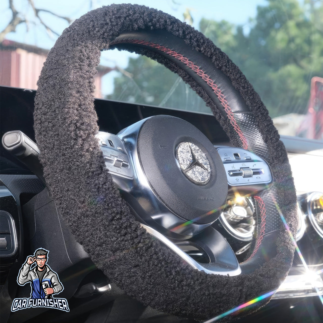 Steering Wheel Cover - Plush Teddy Texture Black Fabric