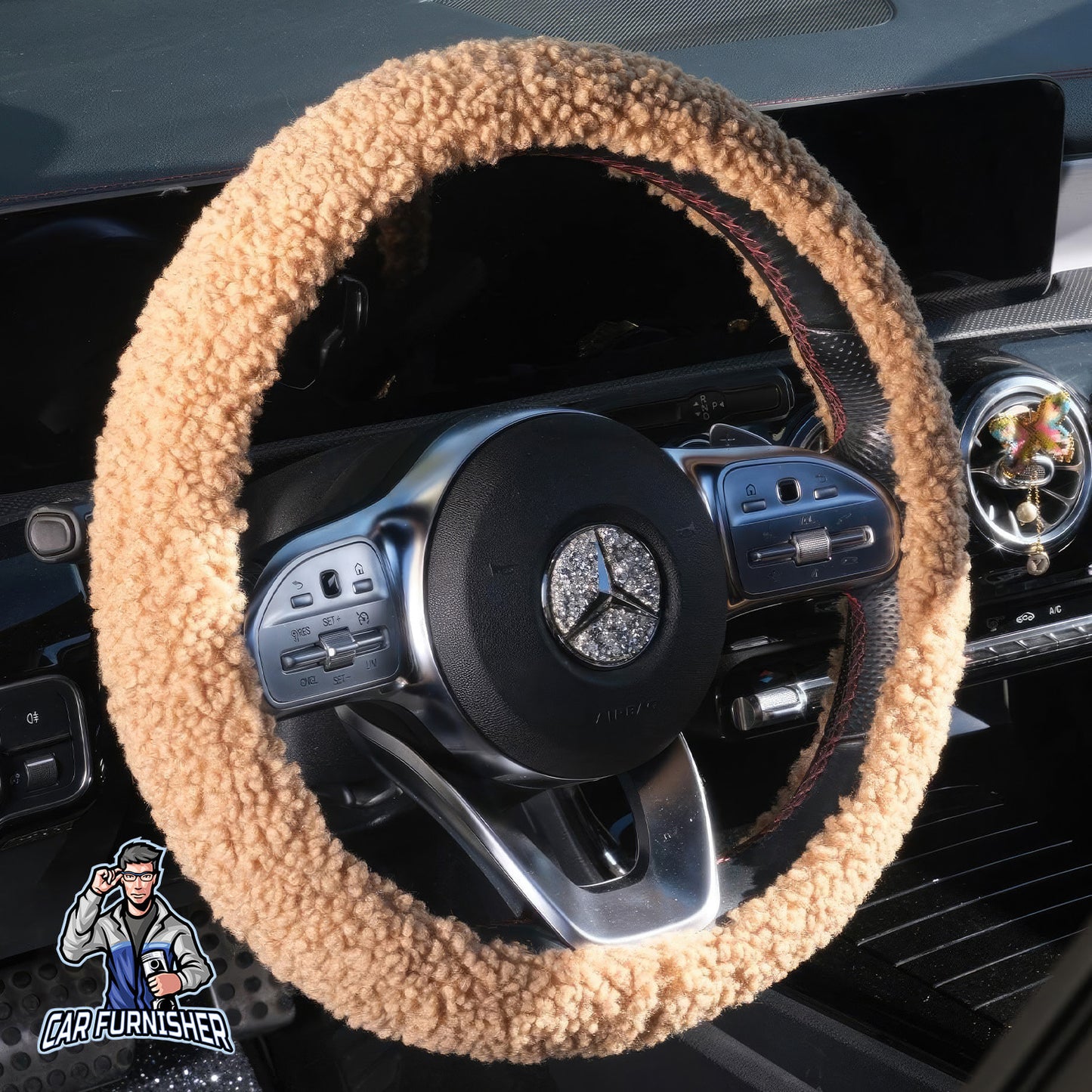 Steering Wheel Cover - Plush Teddy Texture Brown Fabric
