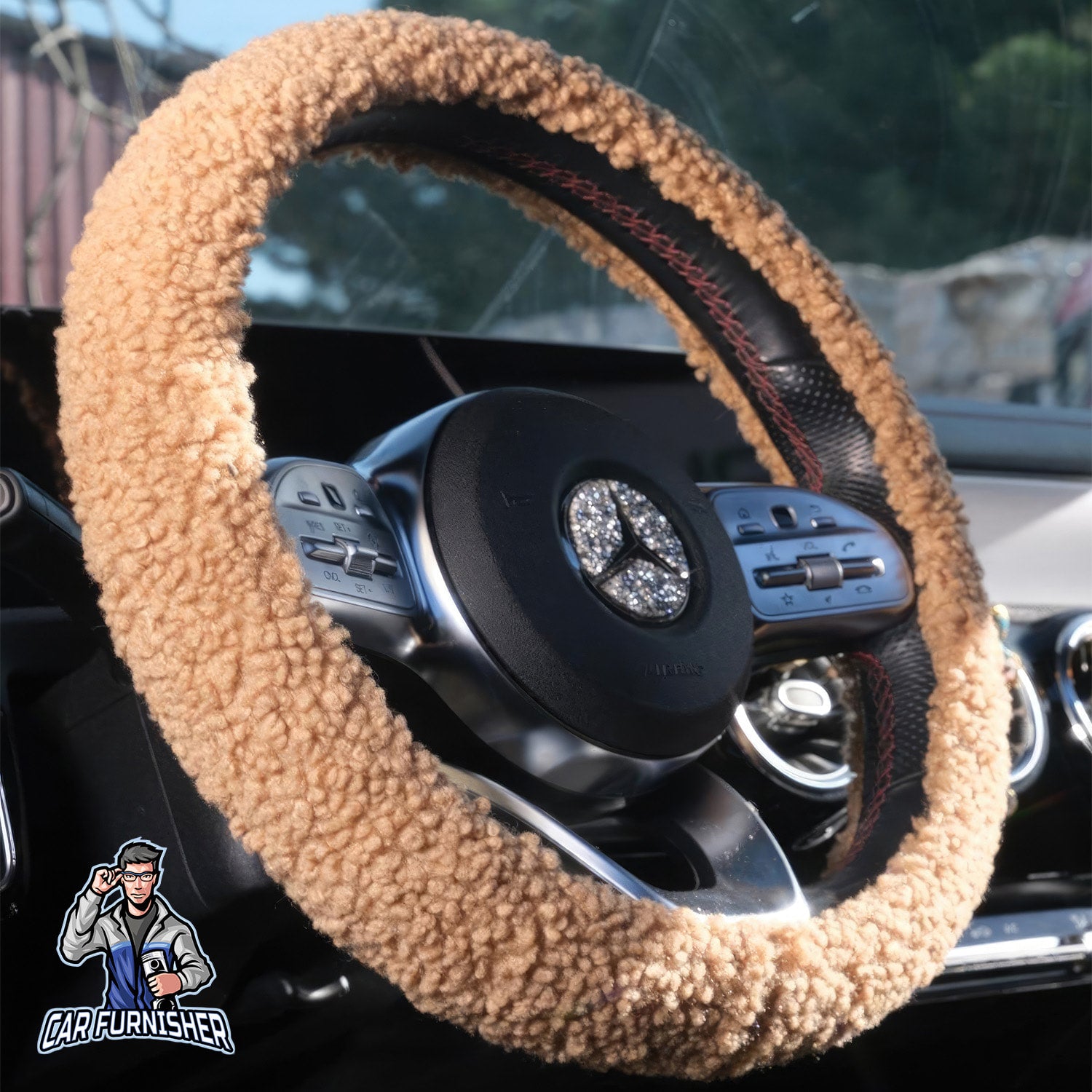 Steering Wheel Cover - Plush Teddy Texture Brown Fabric