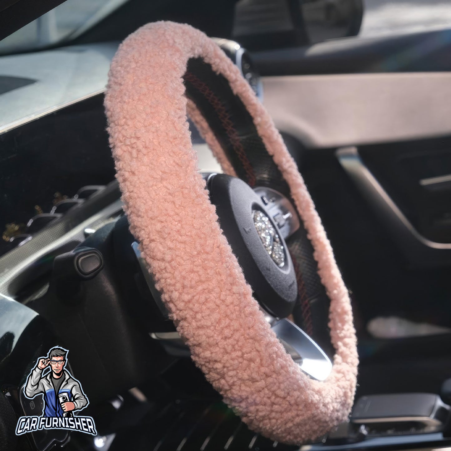 Steering Wheel Cover - Plush Teddy Texture Pink Fabric
