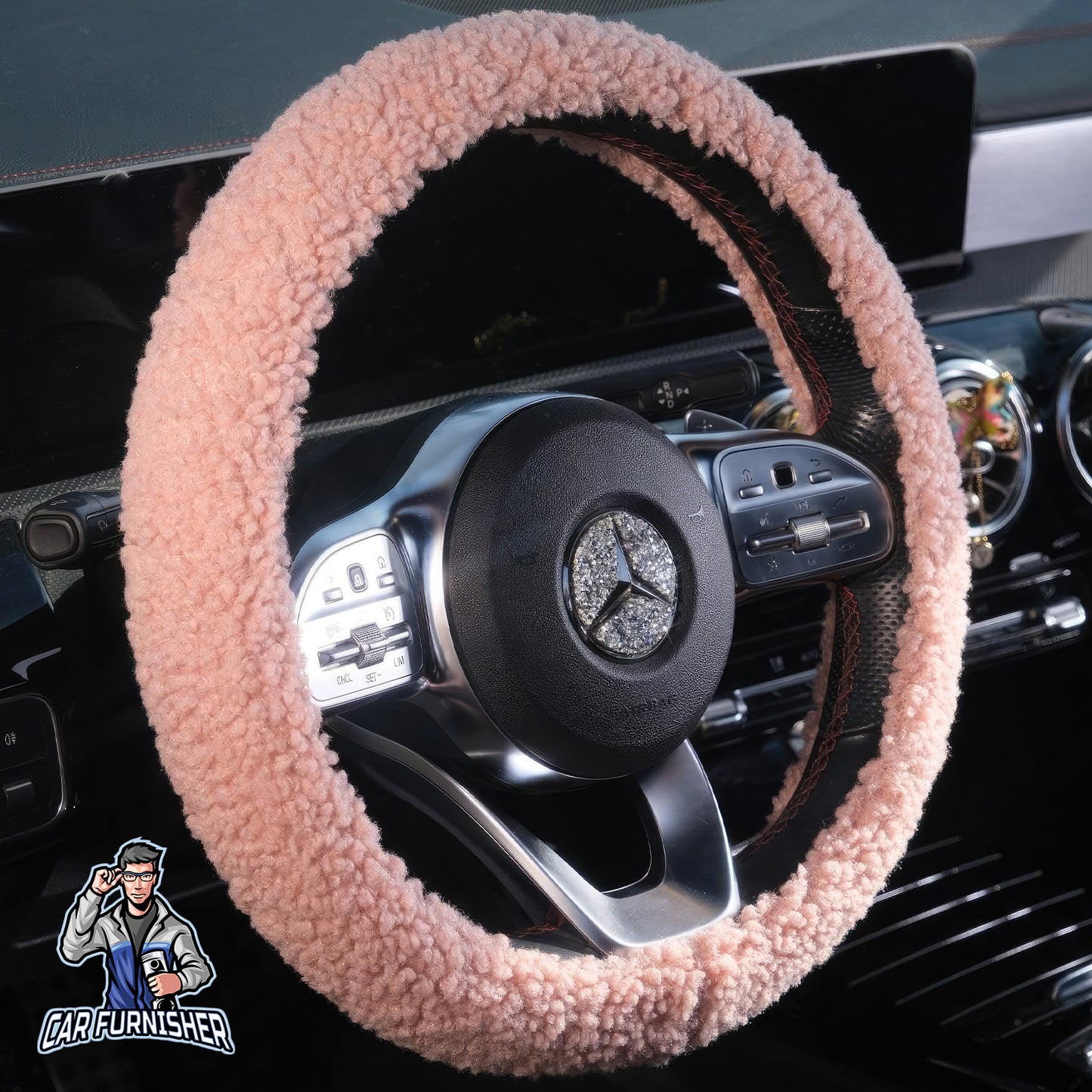 Steering Wheel Cover - Plush Teddy Texture Pink Fabric