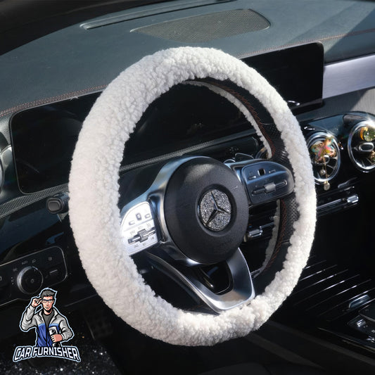 Steering Wheel Cover - Plush Teddy Texture White Fabric