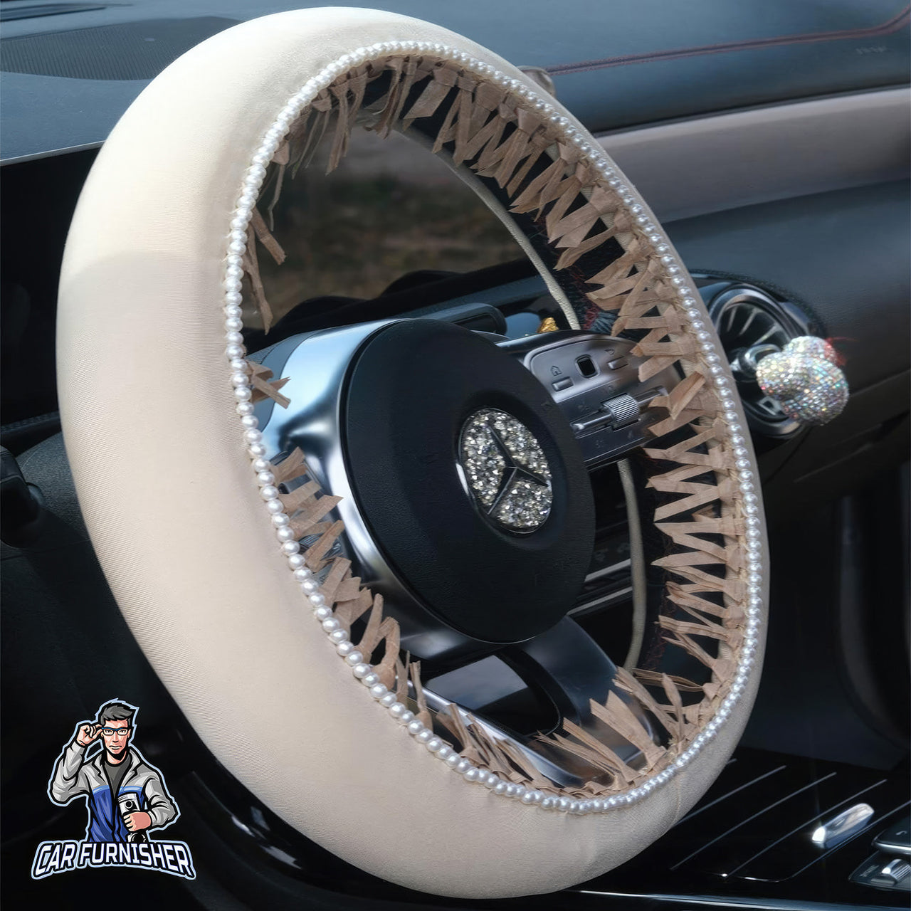 Steering Wheel Cover - Velvet Pearl Raffia Beige Fabric