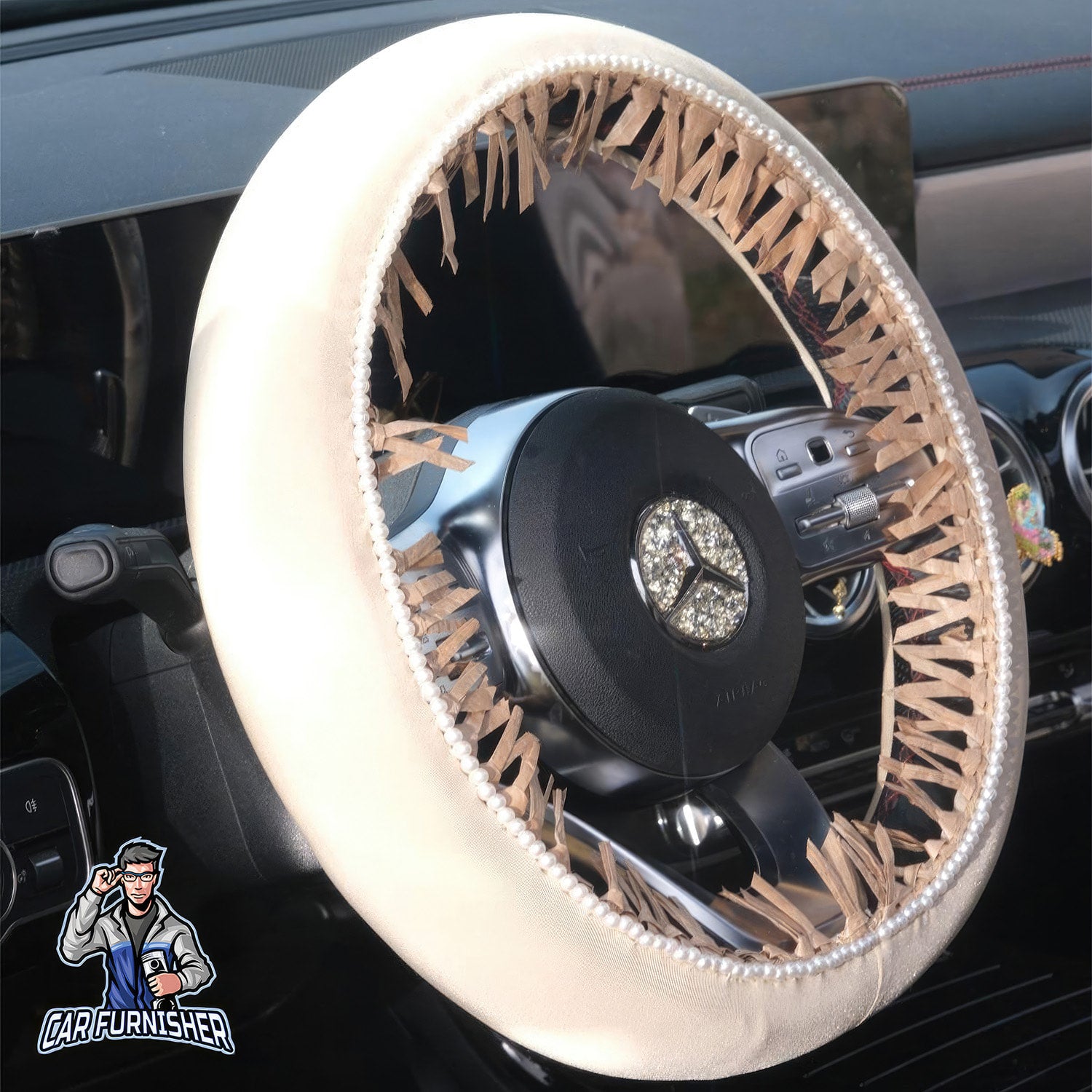 Steering Wheel Cover - Velvet Pearl Raffia Beige Fabric