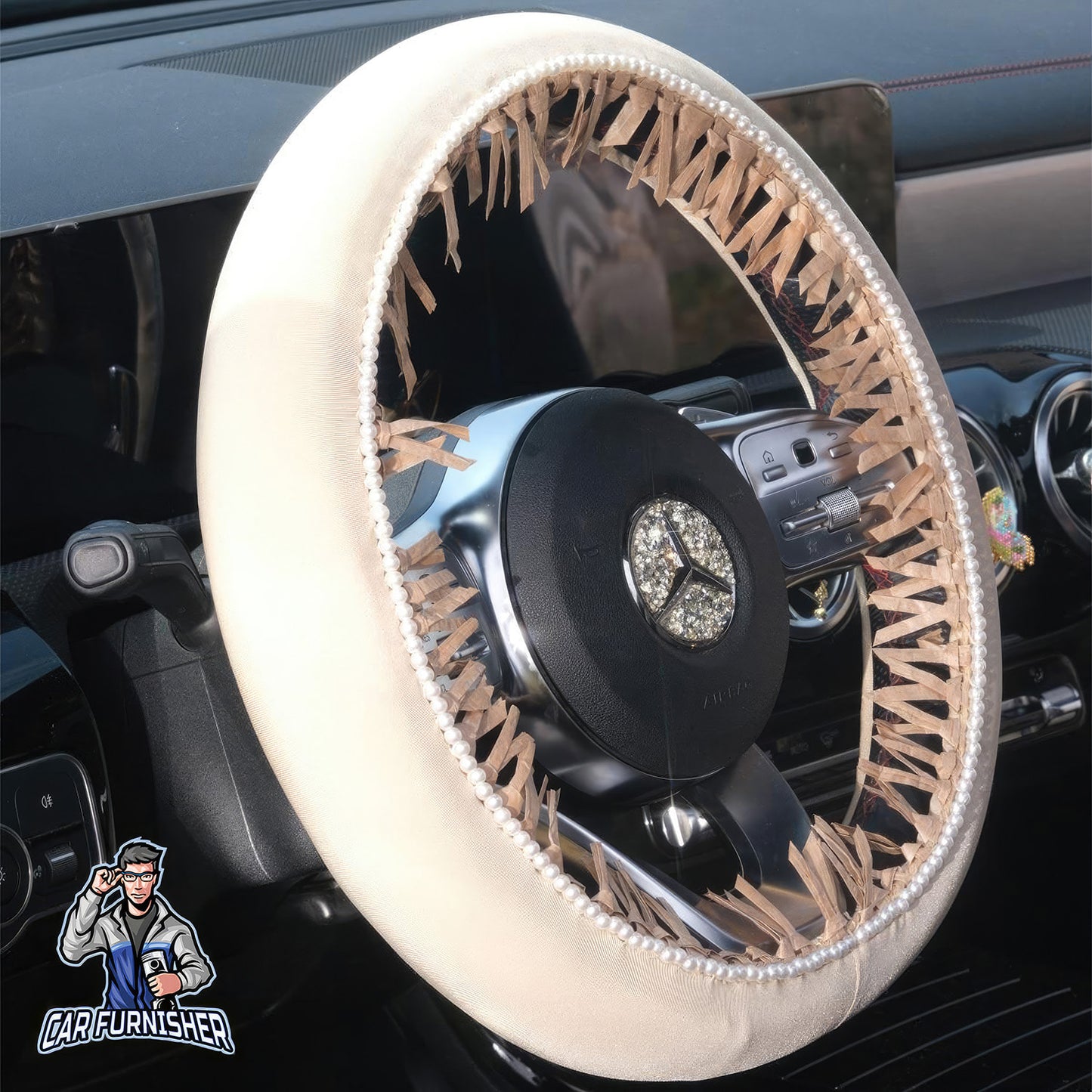 Steering Wheel Cover - Velvet Pearl Raffia Beige Fabric