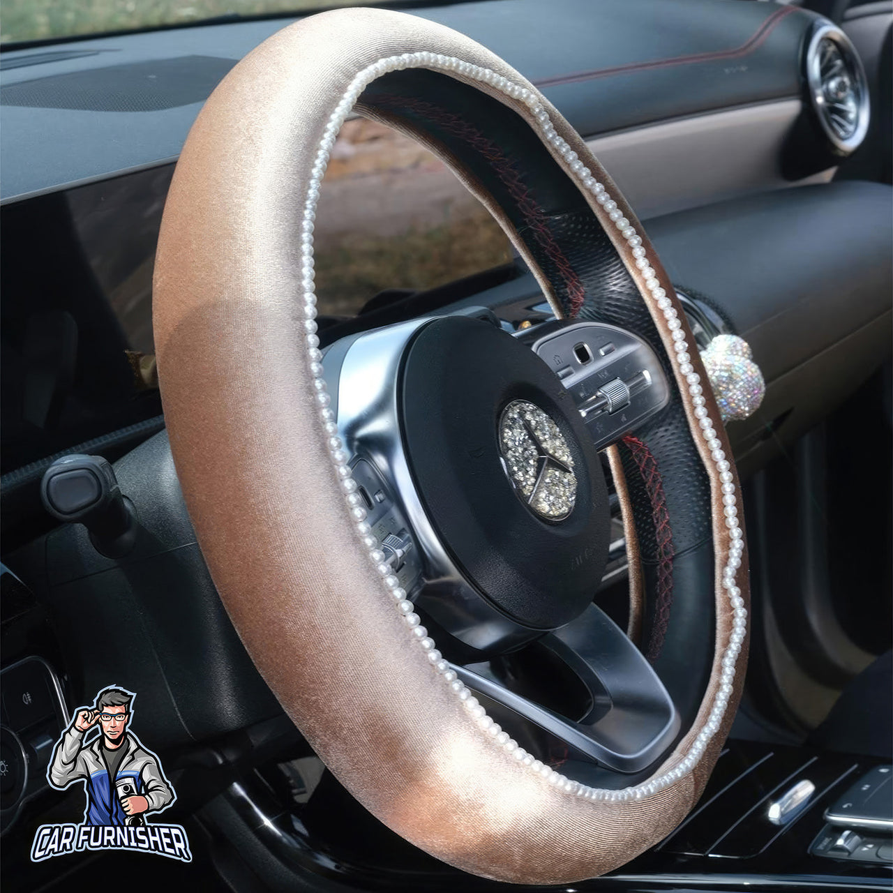 Steering Wheel Cover - Velvet Pearl Beige Fabric