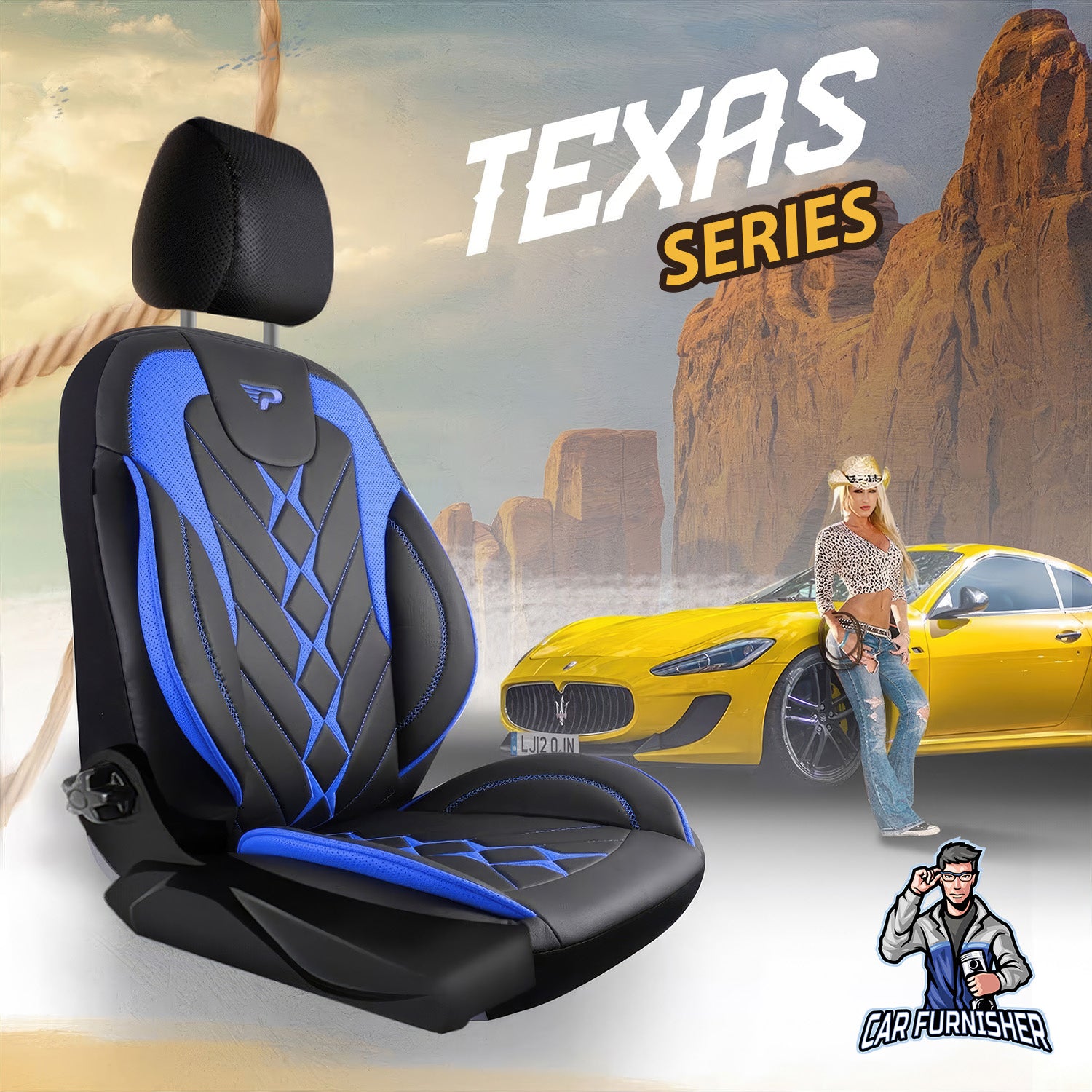 Car Seat Cover Set - Texas Design Blue 5 Seats + Headrests (Full Set) Full Leather