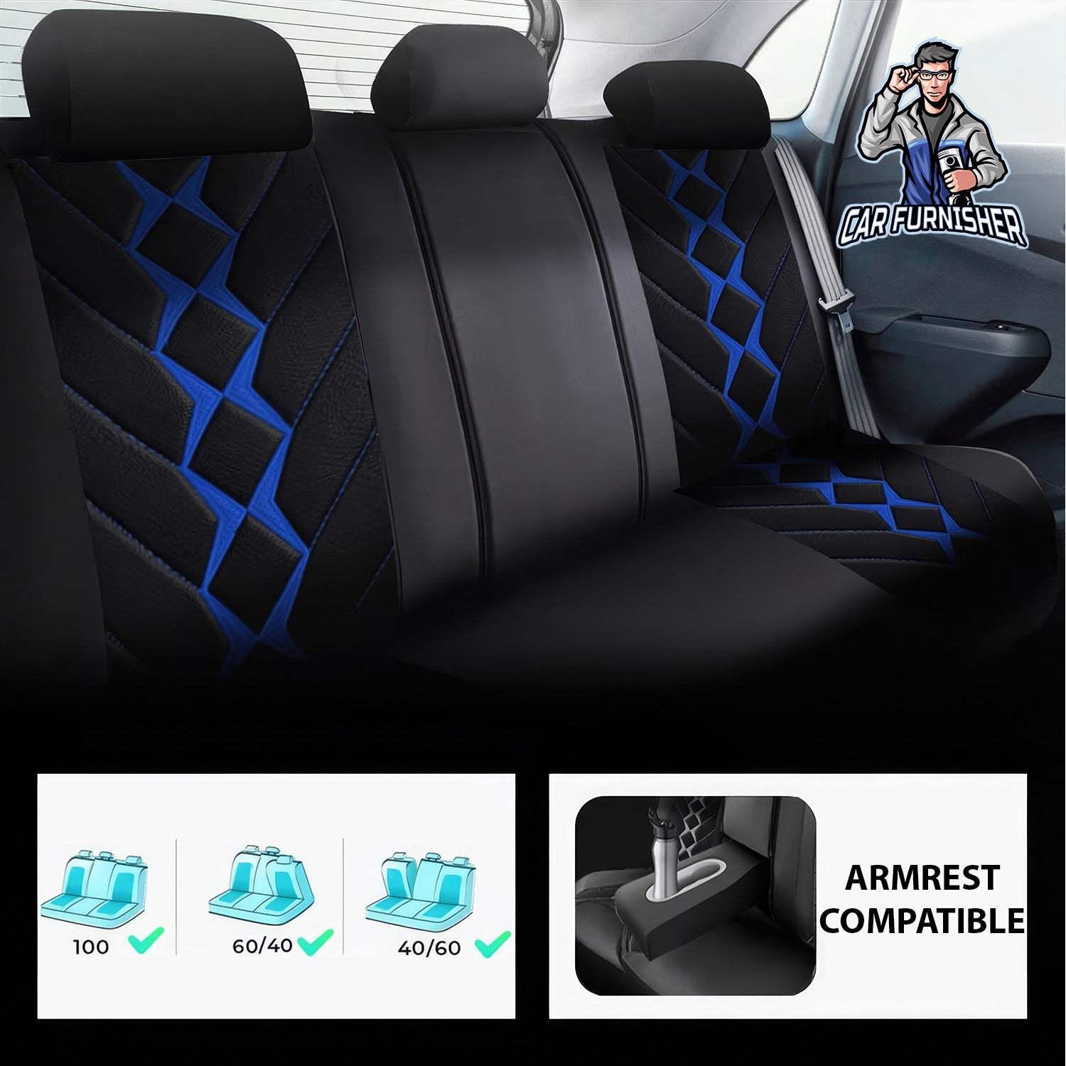 Car Seat Cover Set - Texas Design Blue 5 Seats + Headrests (Full Set) Full Leather