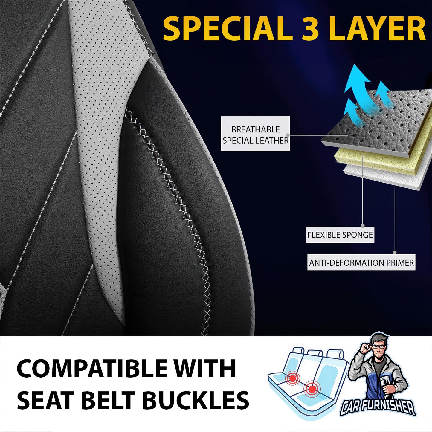 Car Seat Cover Set - Texas Design Gray 5 Seats + Headrests (Full Set) Full Leather