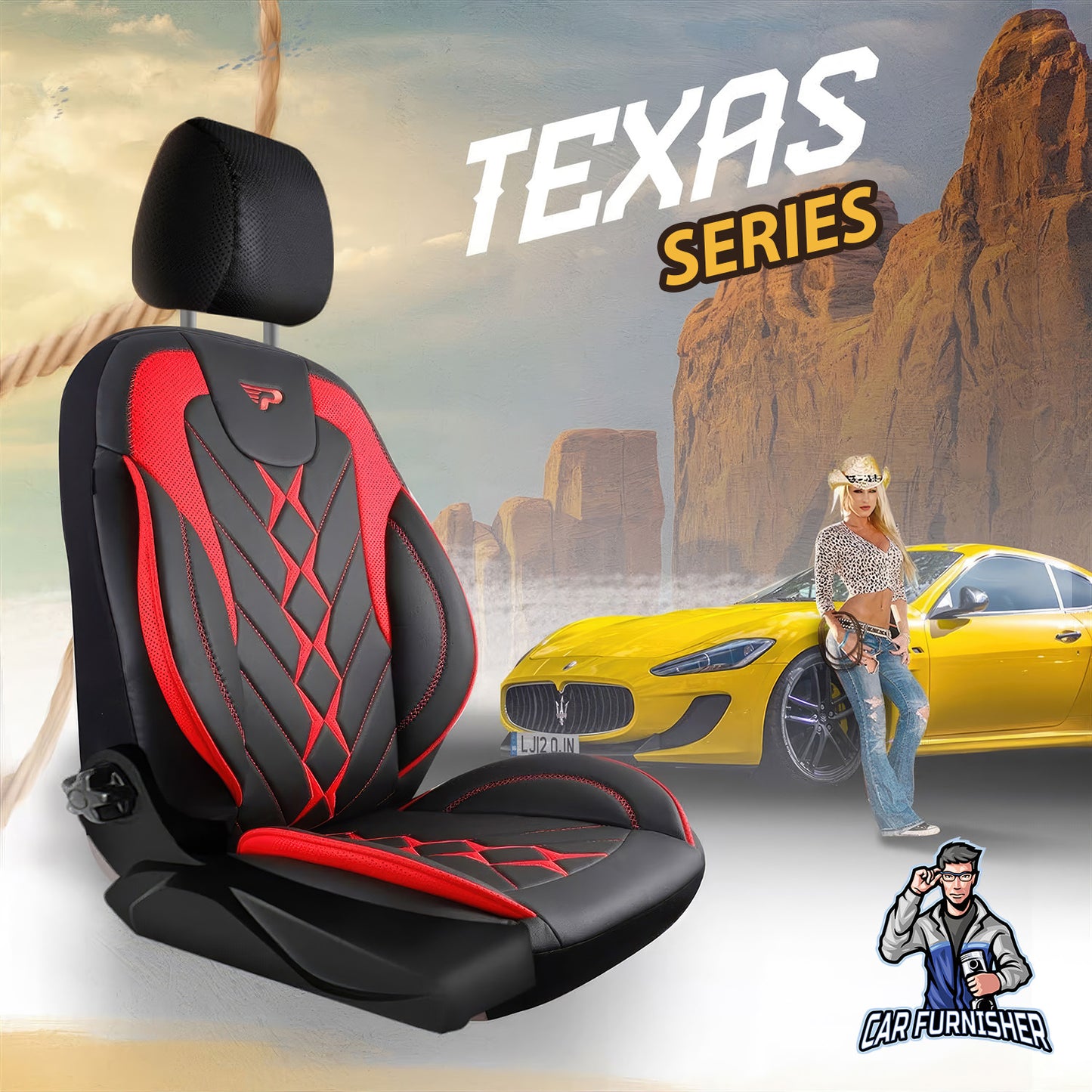 Car Seat Cover Set - Texas Design Red 5 Seats + Headrests (Full Set) Full Leather