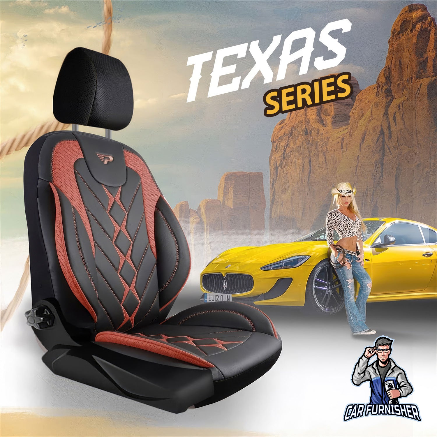 Car Seat Cover Set - Texas Design Orange 5 Seats + Headrests (Full Set) Full Leather