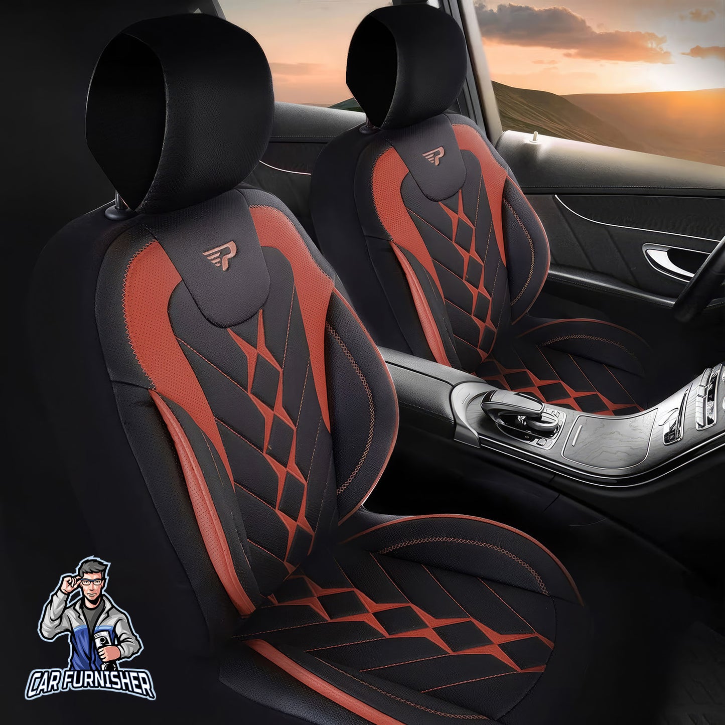 Car Seat Cover Set - Texas Design Orange 5 Seats + Headrests (Full Set) Full Leather