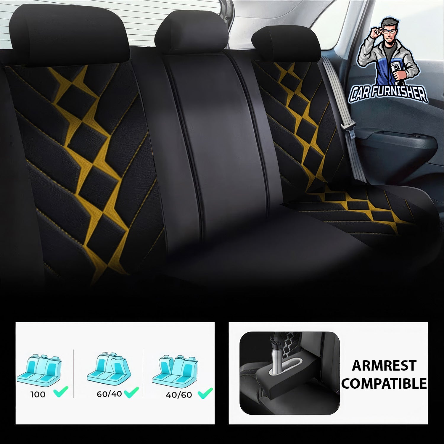 Car Seat Cover Set - Texas Design Yellow 5 Seats + Headrests (Full Set) Full Leather
