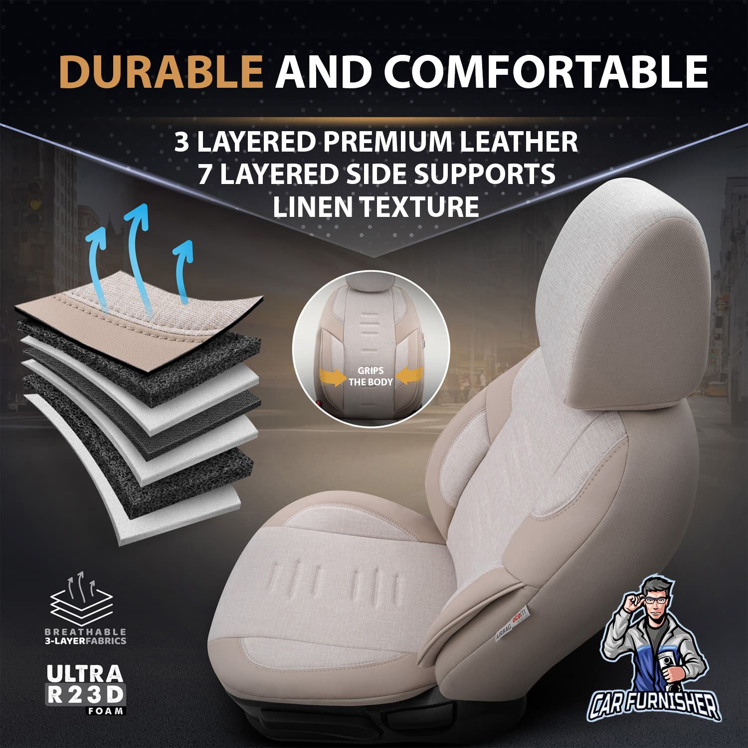Car Seat Cover Set - Throne Design Beige 5 Seats + Headrests (Full Set) Leather & Linen Fabric