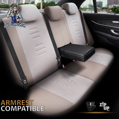 Car Seat Cover Set - Throne Design Beige 5 Seats + Headrests (Full Set) Leather & Linen Fabric