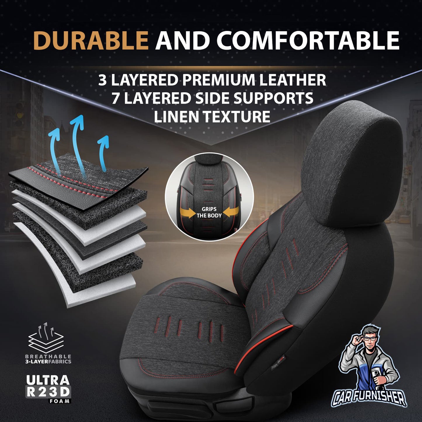 Car Seat Cover Set - Throne Design Black 5 Seats + Headrests (Full Set) Leather & Linen Fabric