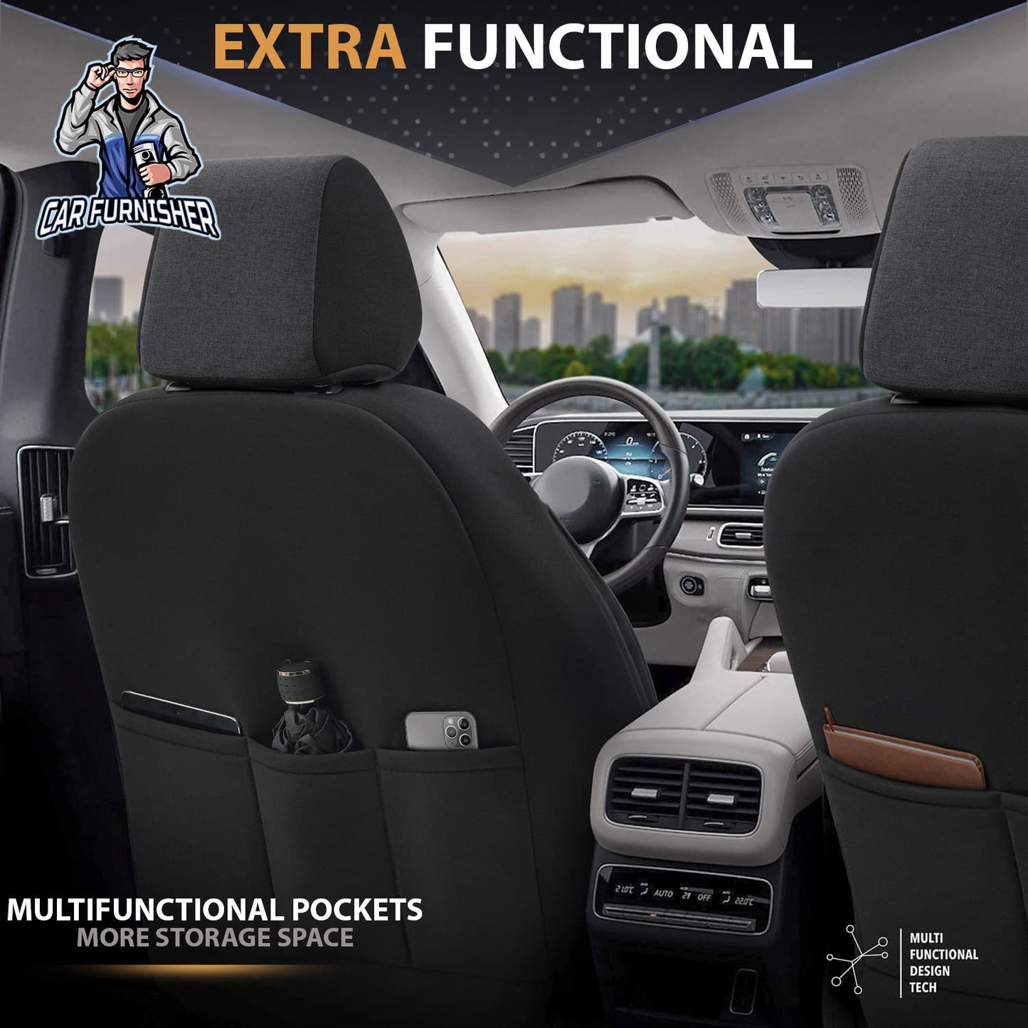 Car Seat Cover Set - Throne Design Black 5 Seats + Headrests (Full Set) Leather & Linen Fabric
