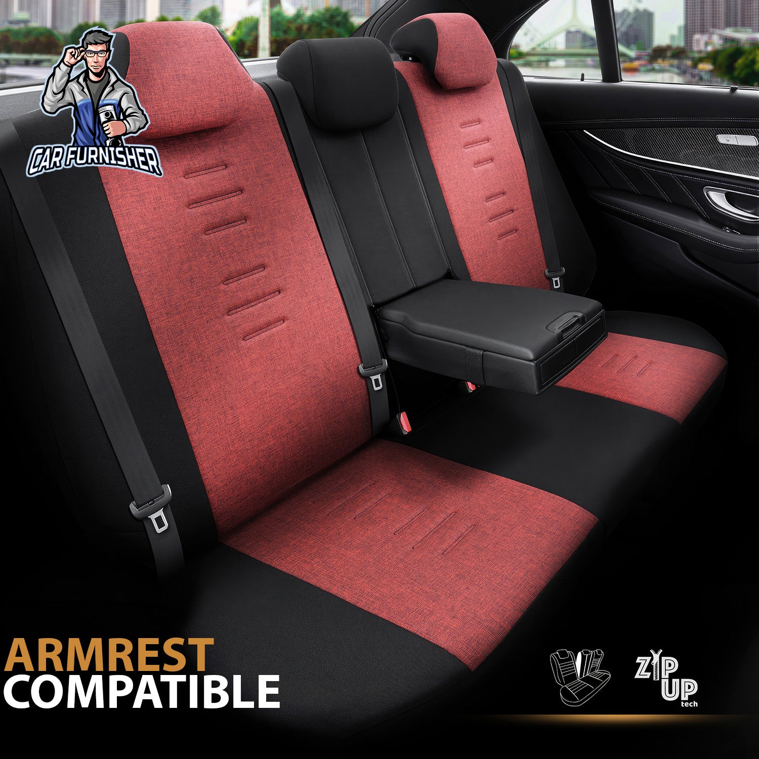 Car Seat Cover Set - Throne Design Red 5 Seats + Headrests (Full Set) Leather & Linen Fabric
