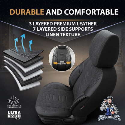 Car Seat Cover Set - Throne Design Smoked 5 Seats + Headrests (Full Set) Leather & Linen Fabric