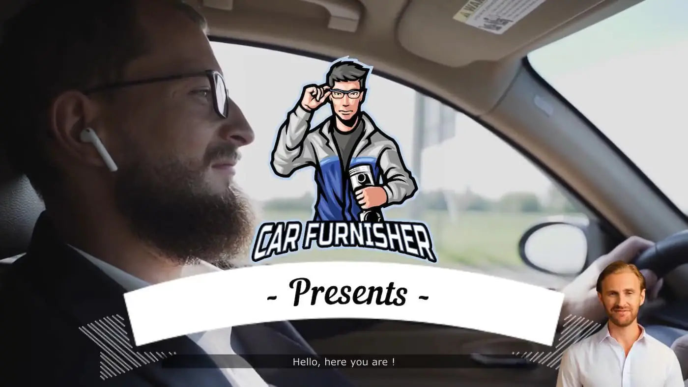 Load video: Car Furnisher logo displayed over a variety of colorful car accessories in a stylized showroom. Different products like seat covers, steering wheel covers, car mats, and air fresheners are visible.