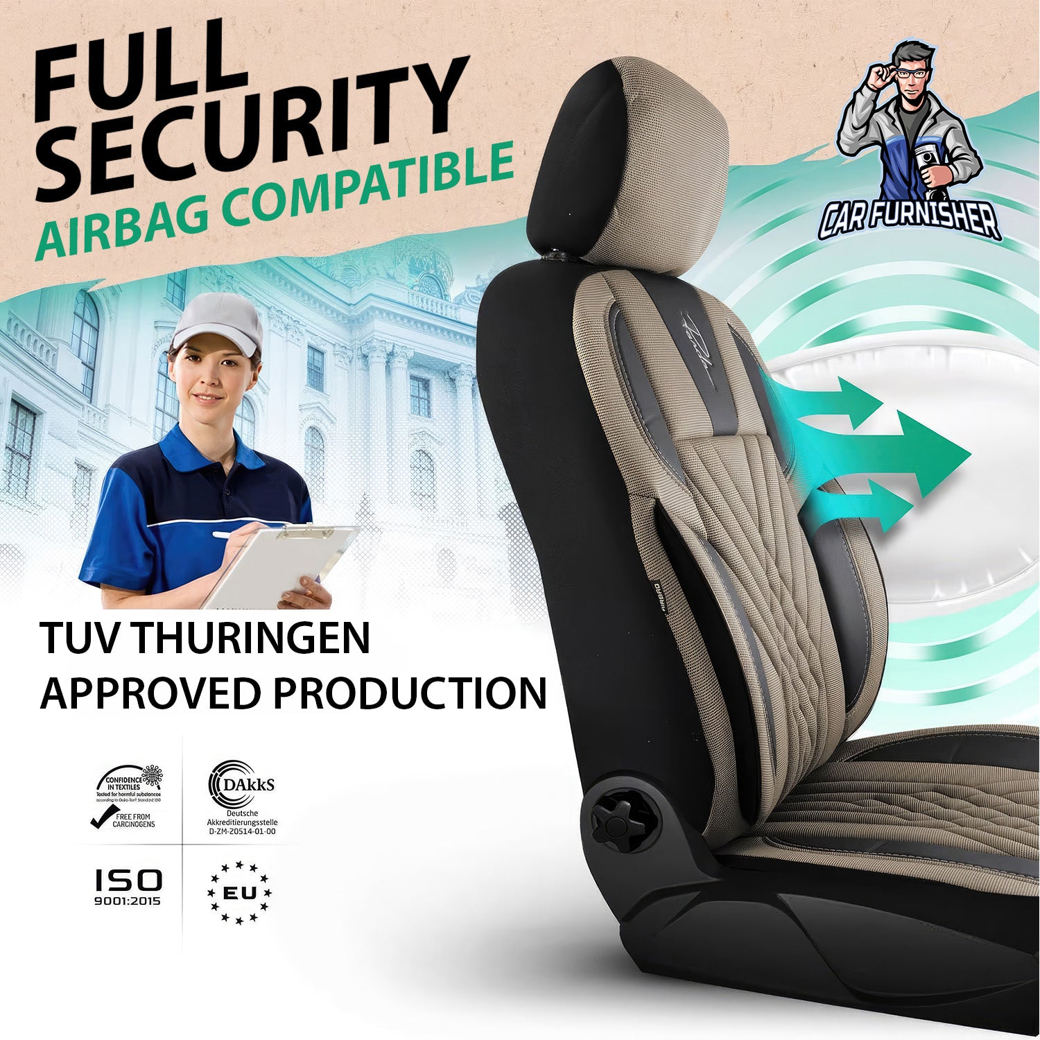 Car Seat Cover Set - Vienna Design Beige 5 Seats + Headrests (Full Set) Leather & Pique Fabric