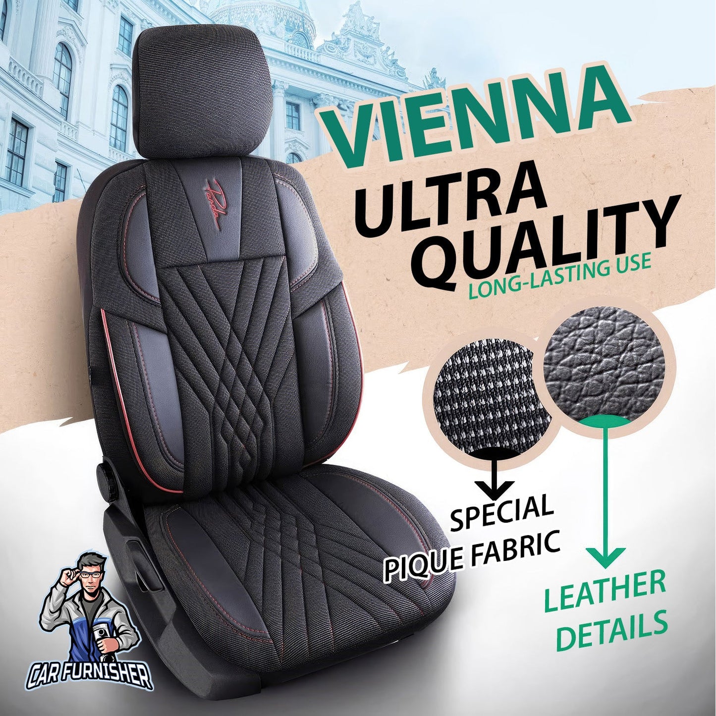 Mercedes 190 Seat Covers Vienna Design Dark Red 5 Seats + Headrests (Full Set) Leather & Pique Fabric