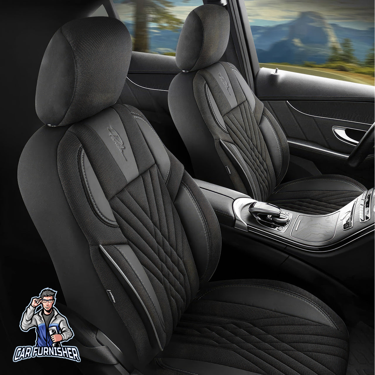 Car Seat Cover Set - Vienna Design Gray 5 Seats + Headrests (Full Set) Leather & Pique Fabric