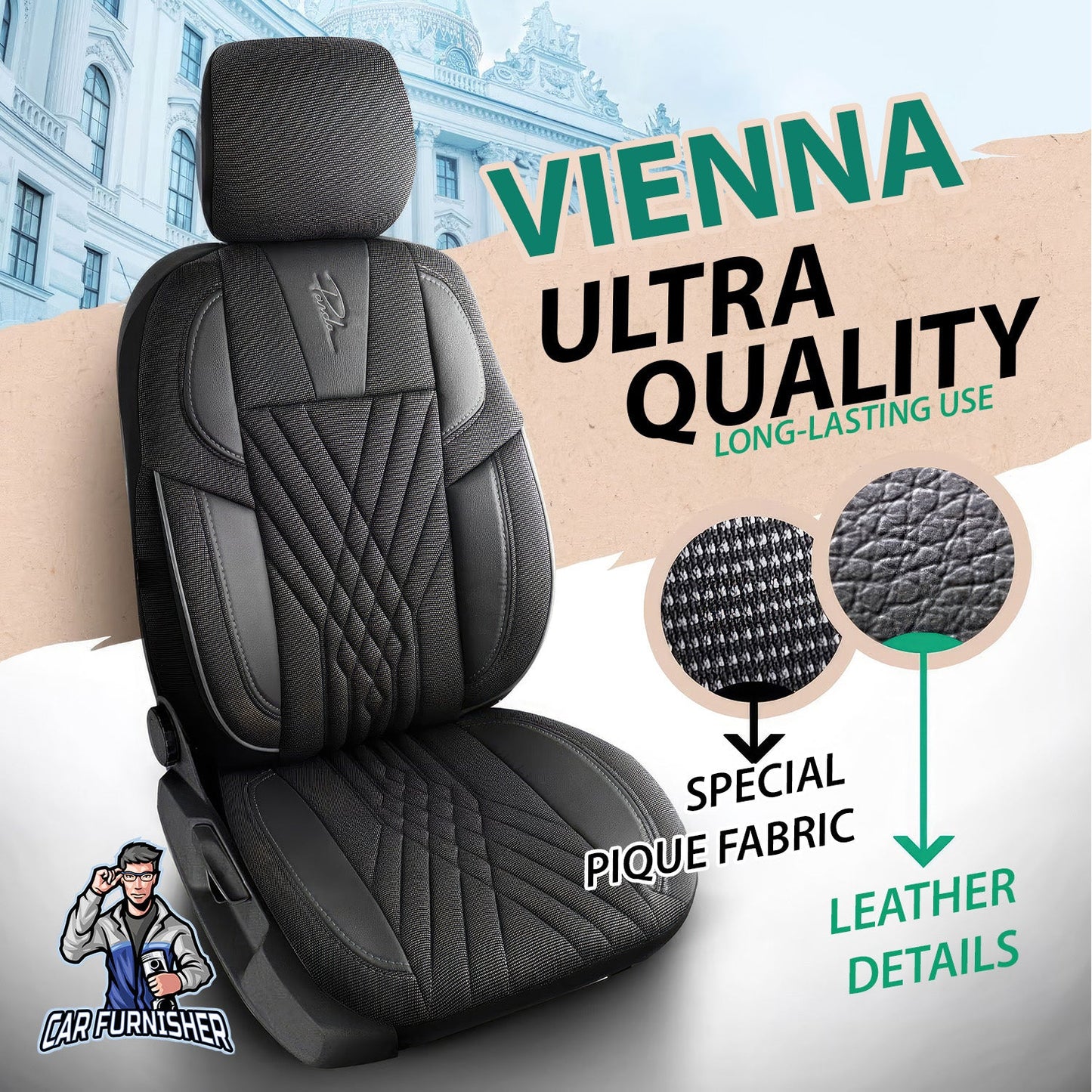 Mercedes 190 Seat Covers Vienna Design Gray 5 Seats + Headrests (Full Set) Leather & Pique Fabric