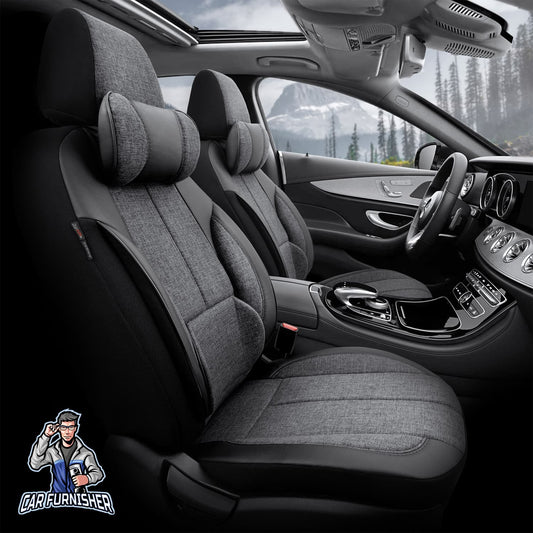 Car Seat Cover Set - Voyager Design Black 5 Seats + Headrests (Full Set) Leather & Linen Fabric