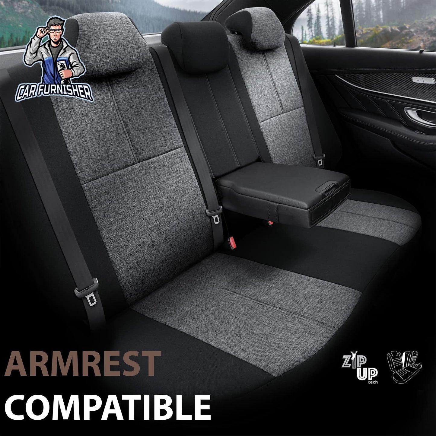 Mercedes 190 Seat Covers Voyager Design Black 5 Seats + Headrests (Full Set) Leather & Linen Fabric