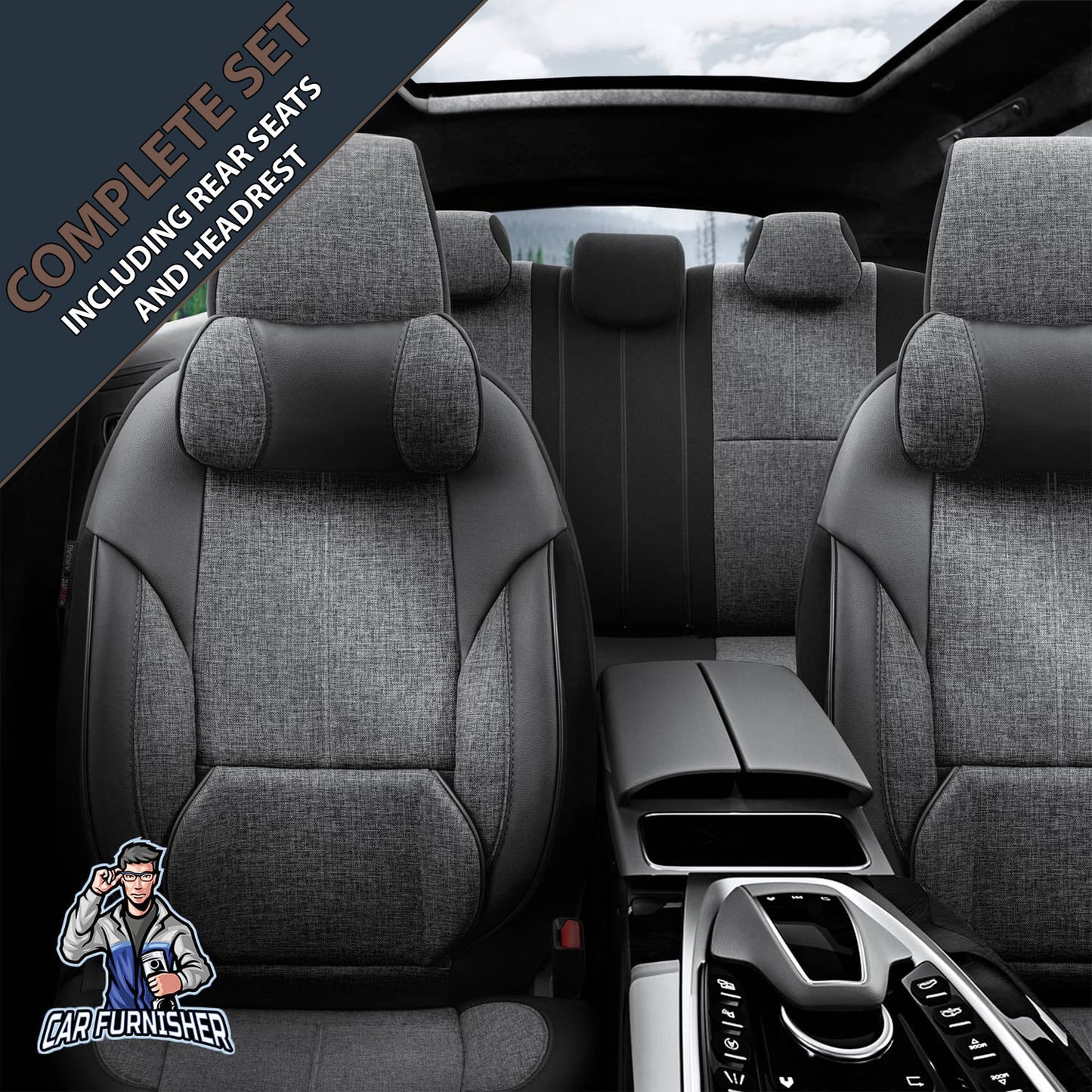 Car Seat Cover Set - Voyager Design Black 5 Seats + Headrests (Full Set) Leather & Linen Fabric