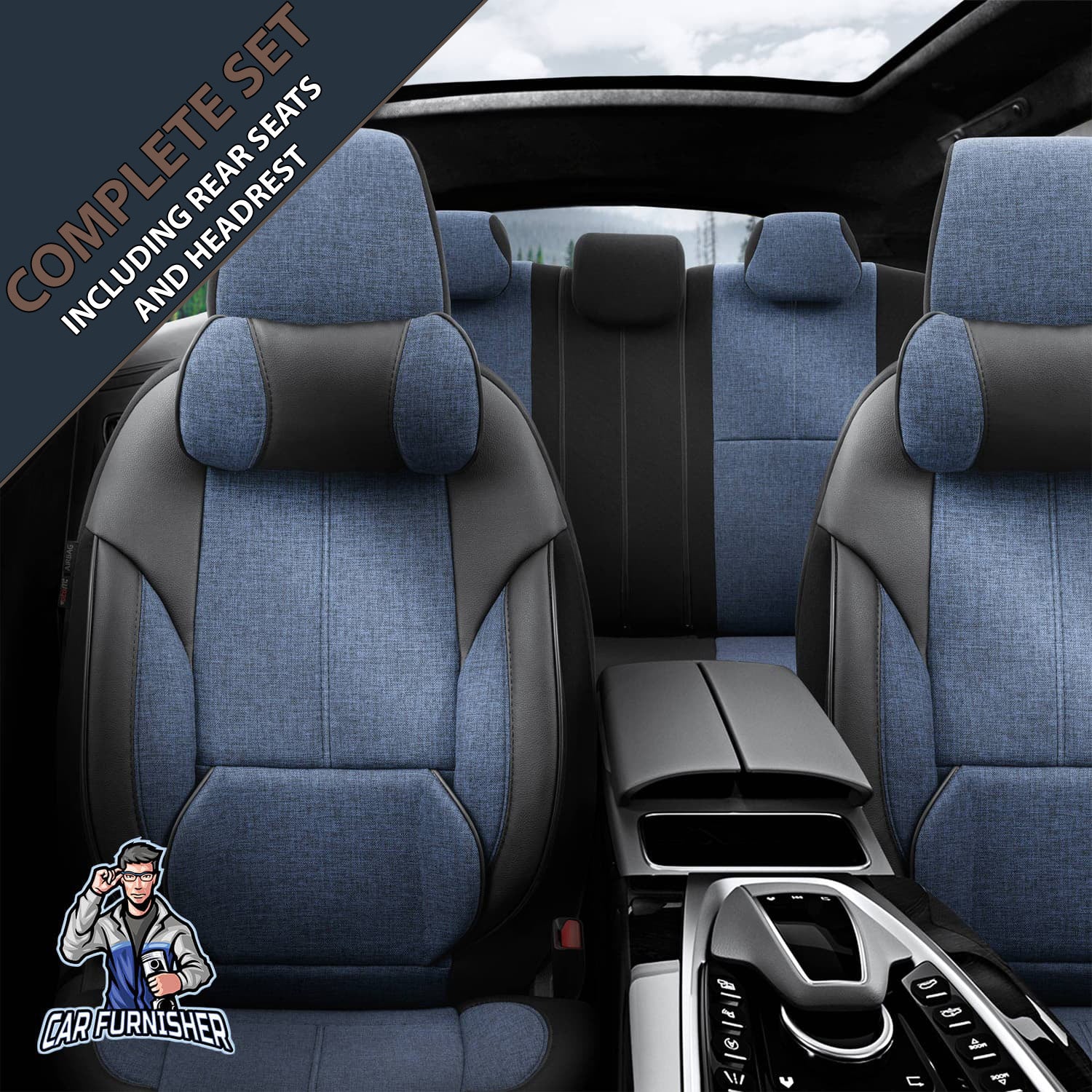 Car Seat Cover Set - Voyager Design Blue 5 Seats + Headrests (Full Set) Leather & Linen Fabric