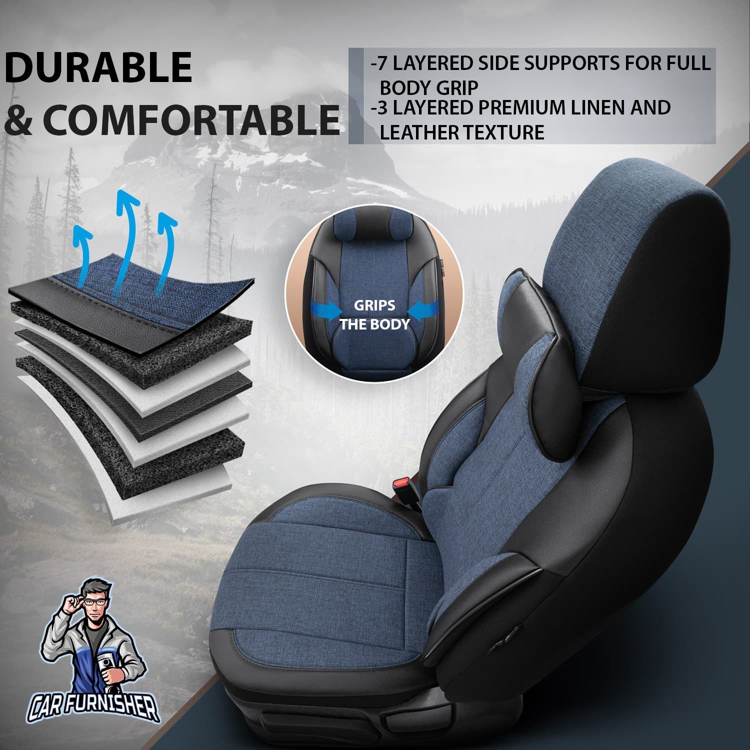 Mercedes 190 Seat Covers Voyager Design Blue 5 Seats + Headrests (Full Set) Leather & Linen Fabric